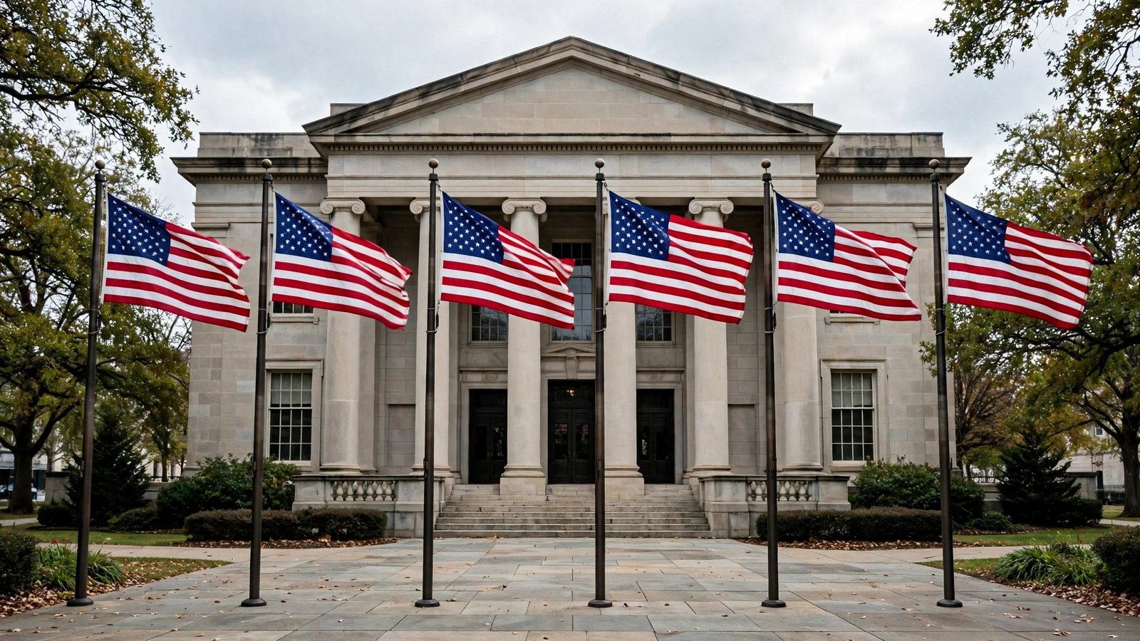 Six American flags on flagpoles in front of a stone civic building with columns