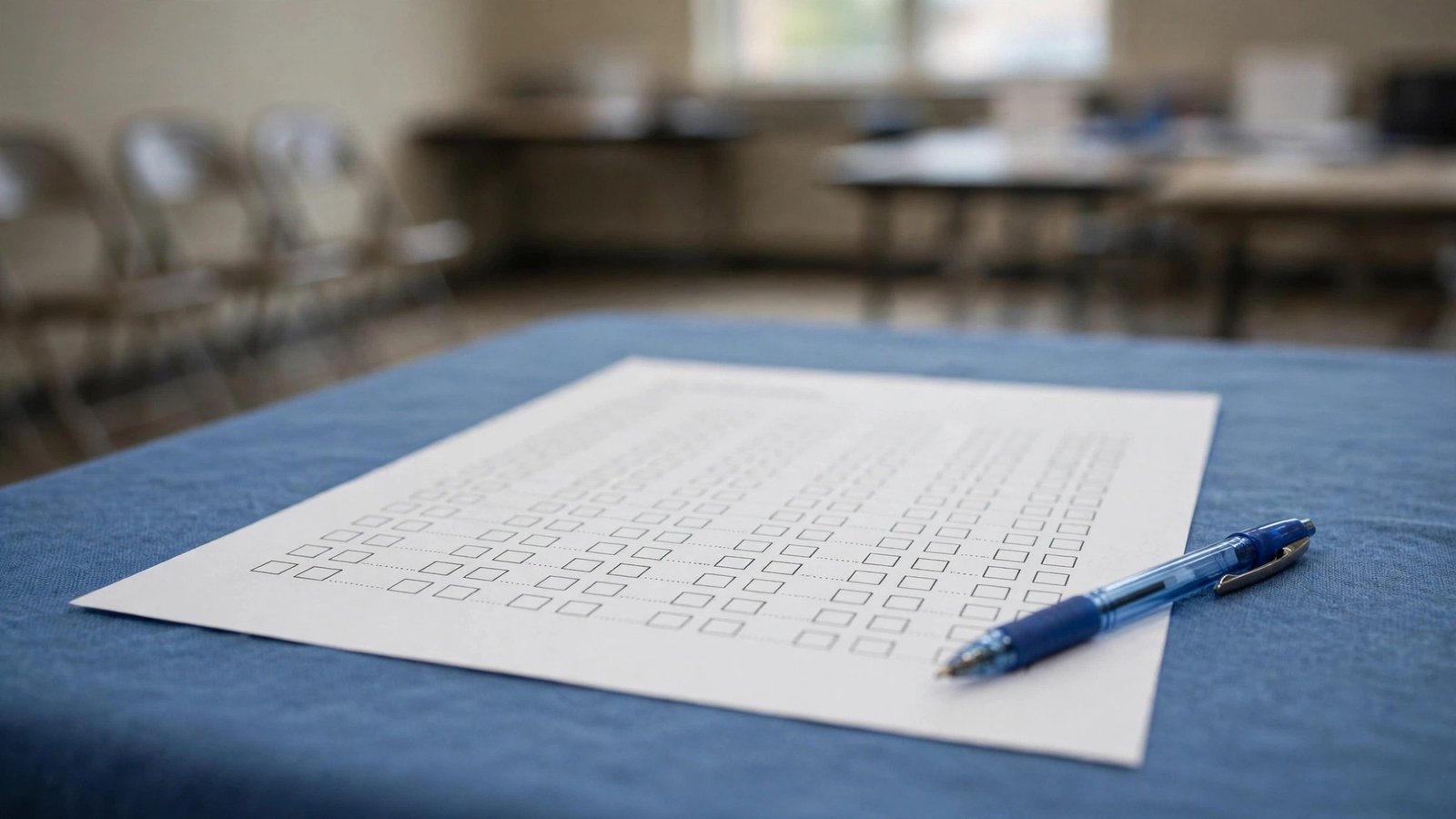 A blank paper ballot with empty checkboxes and a blue pen on a blue tablecloth in a polling place