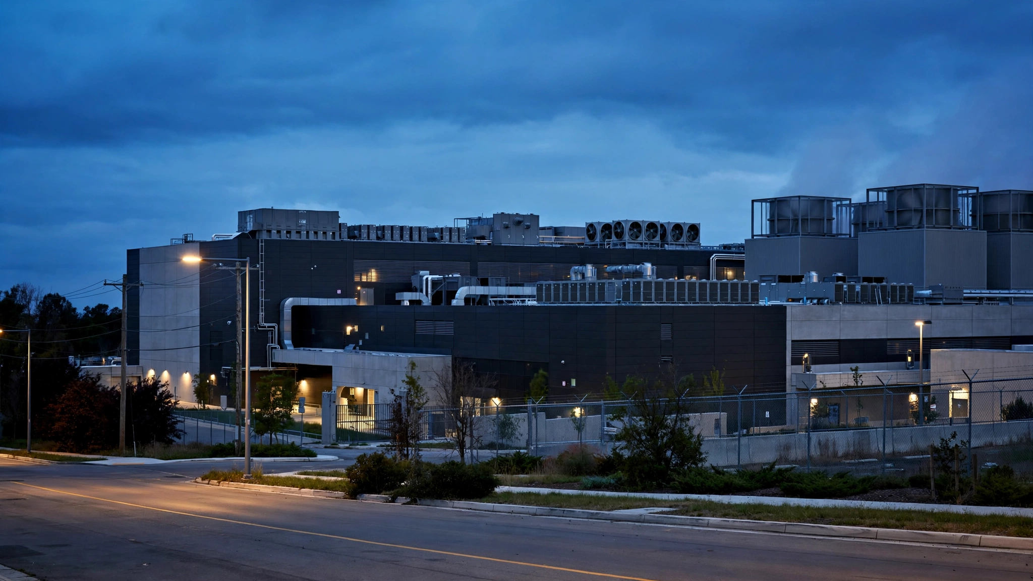A large data center building with rooftop cooling equipment at dusk