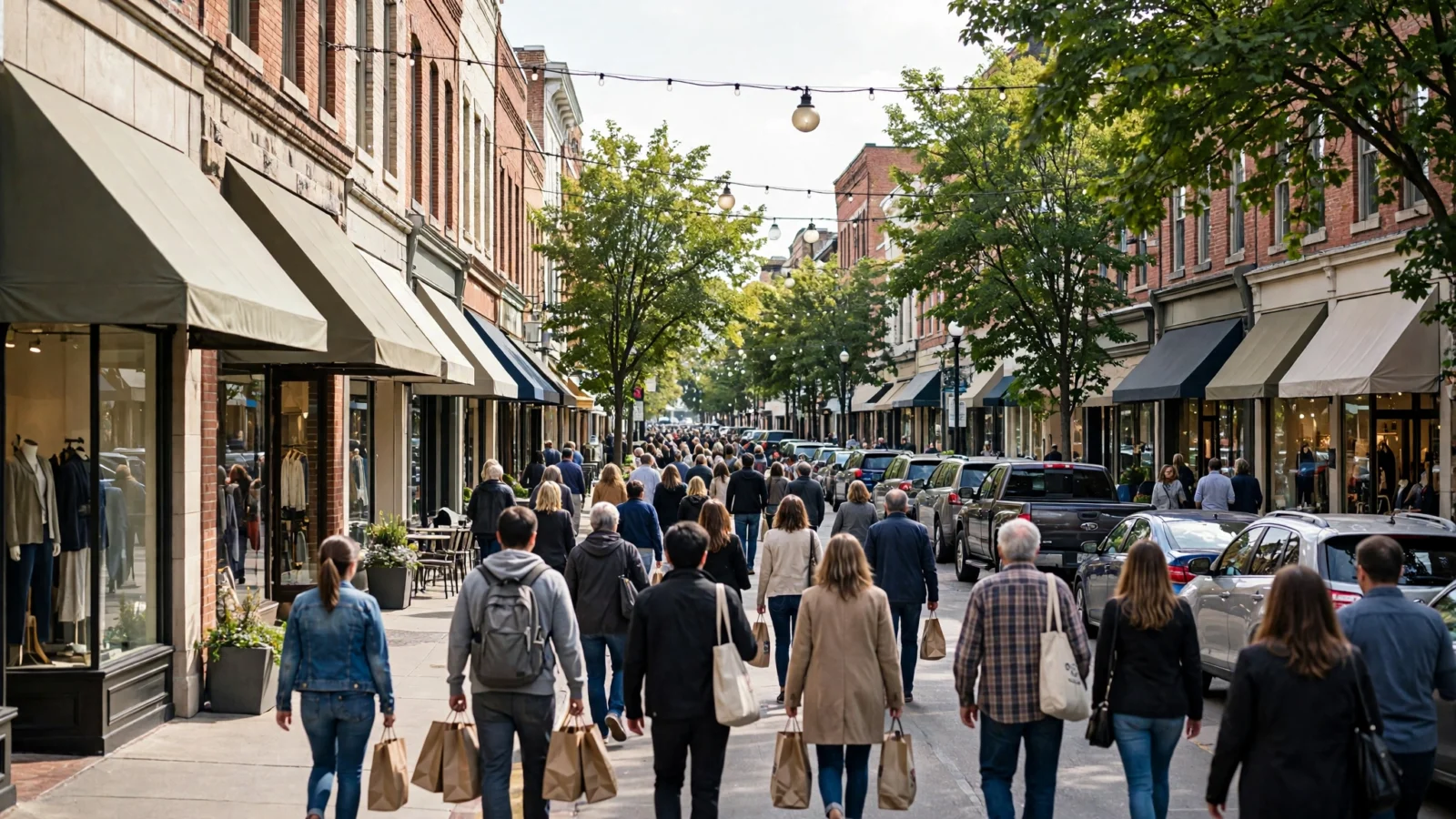 Shoppers carrying bags walking along a street lined with storefronts
