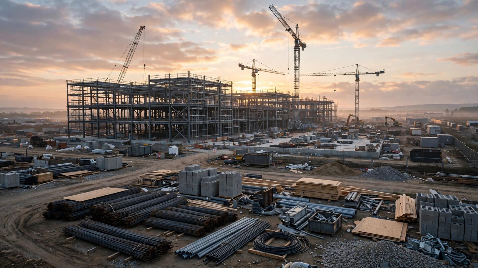 Steel frame of a large building under construction with tower cranes at sunrise, with building materials stacked in the foreground.