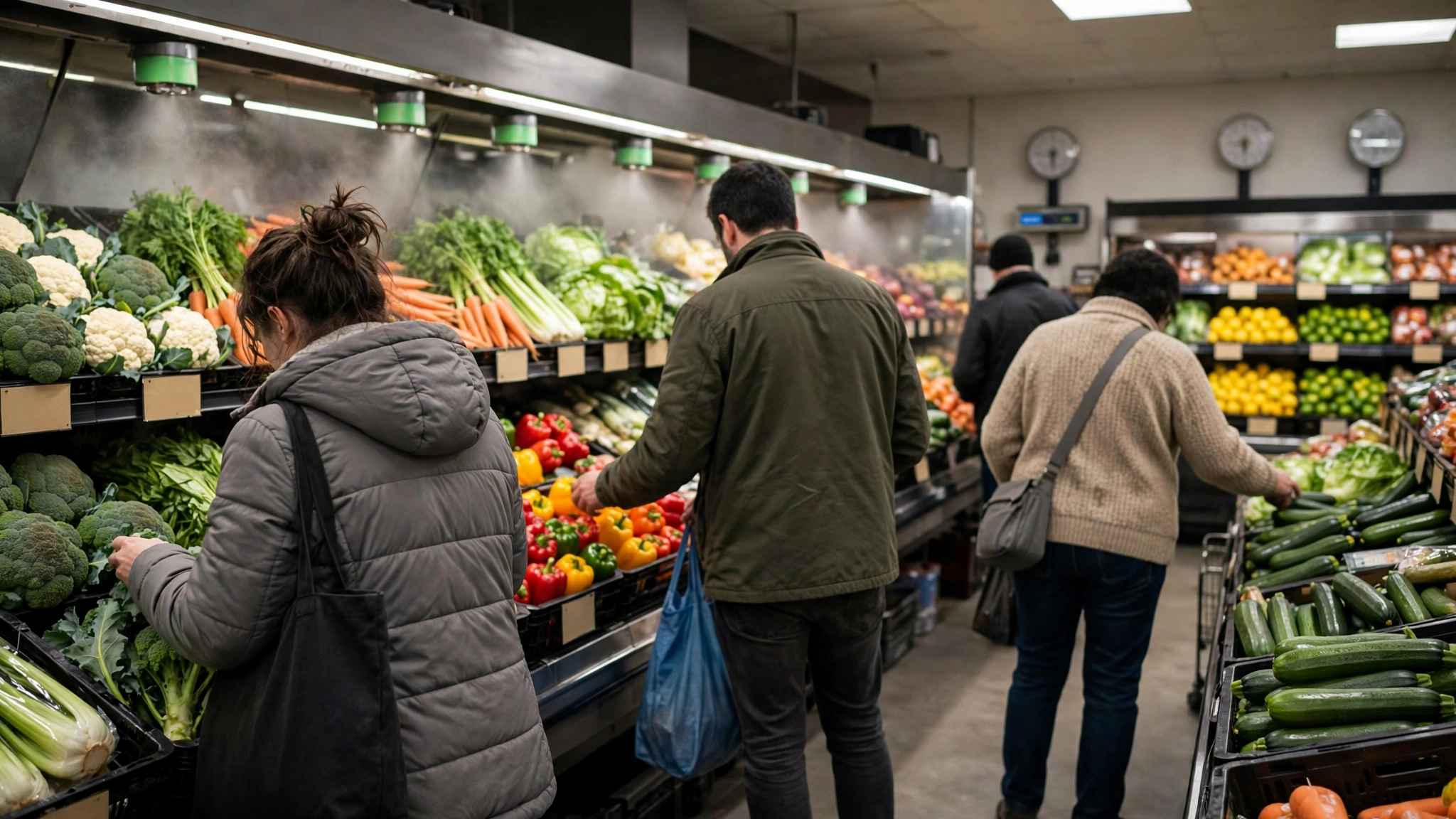 Shoppers selecting vegetables in a grocery store produce aisle