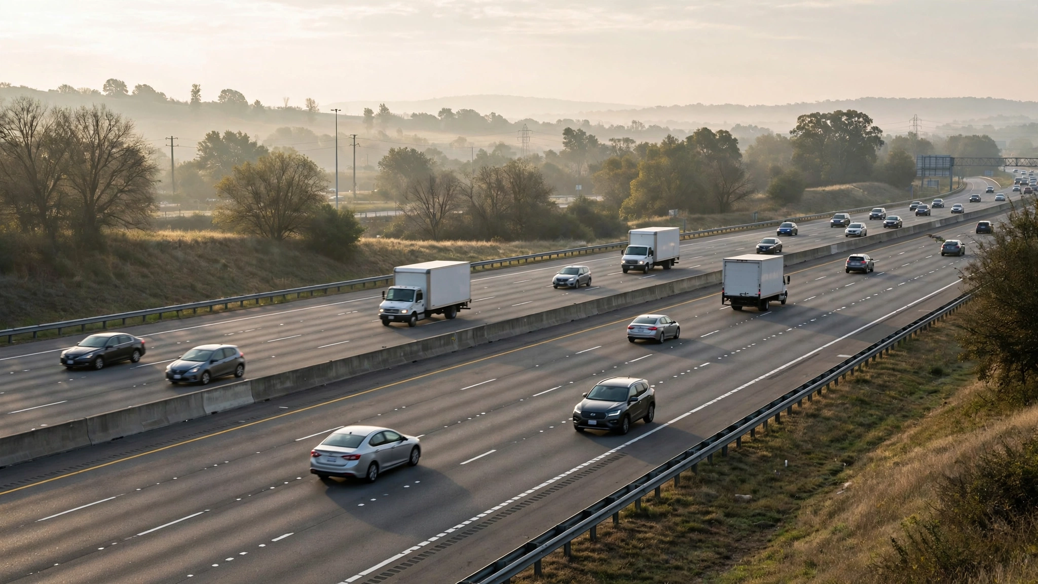 Delivery trucks and cars traveling on a multi-lane highway in morning light