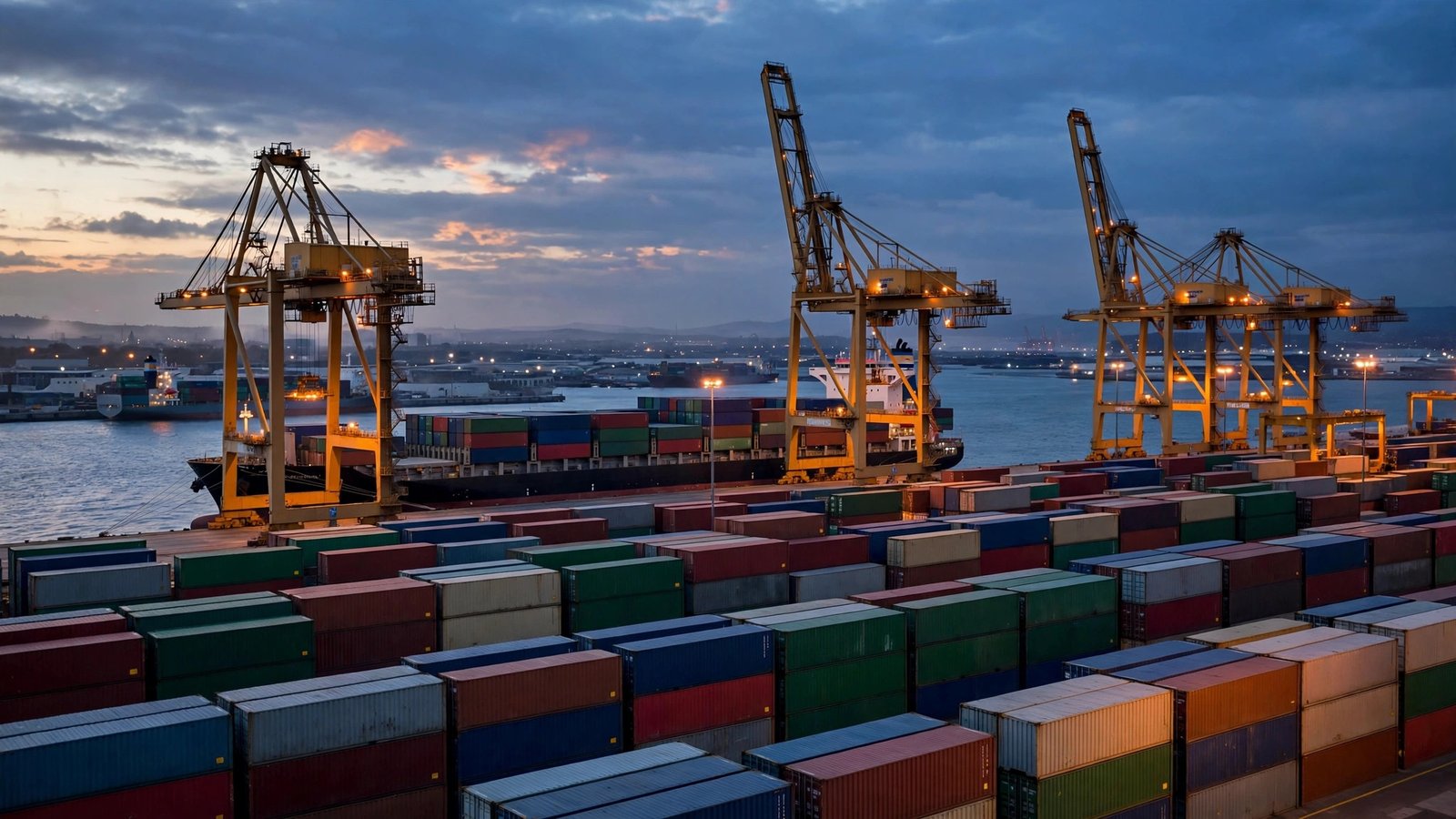 Cargo cranes and stacked shipping containers at a container port at dusk, with a cargo ship docked behind them.