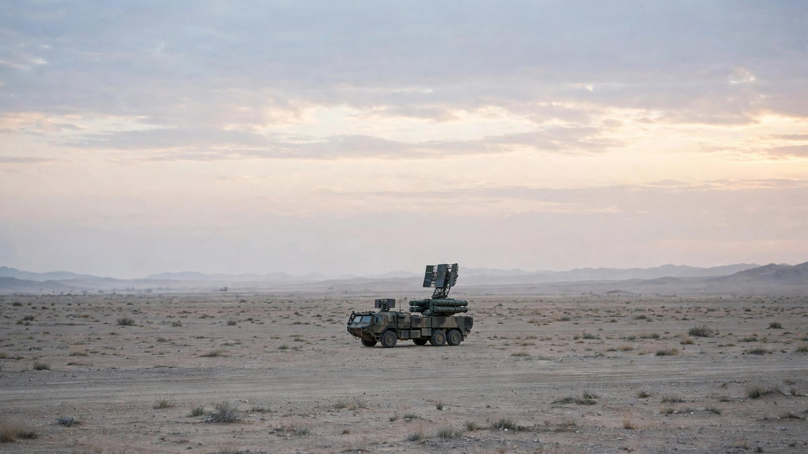 A military air-defense vehicle with a raised radar parked on flat desert ground at dawn.