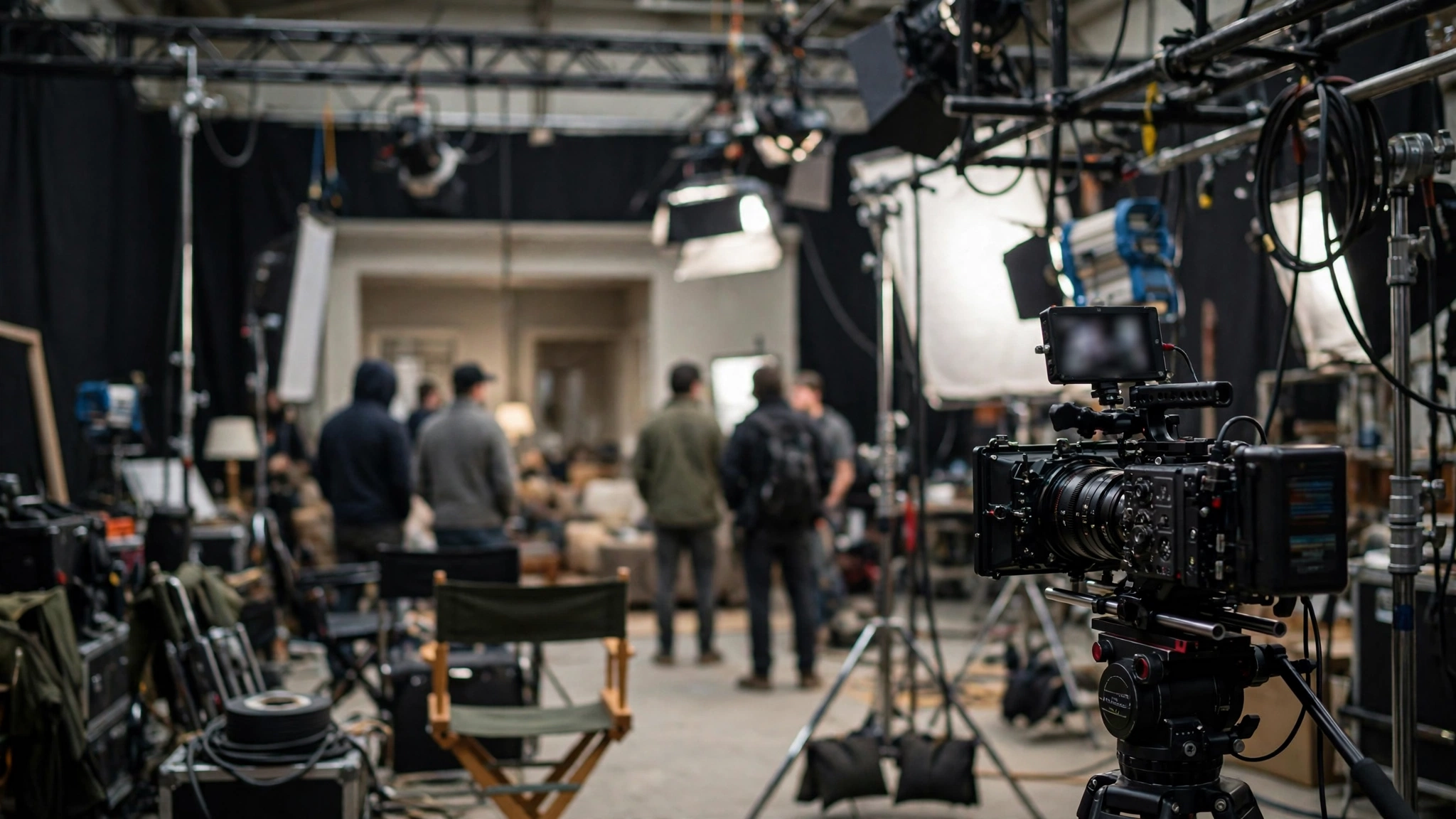 A film camera in the foreground on a production set with crew members in the background