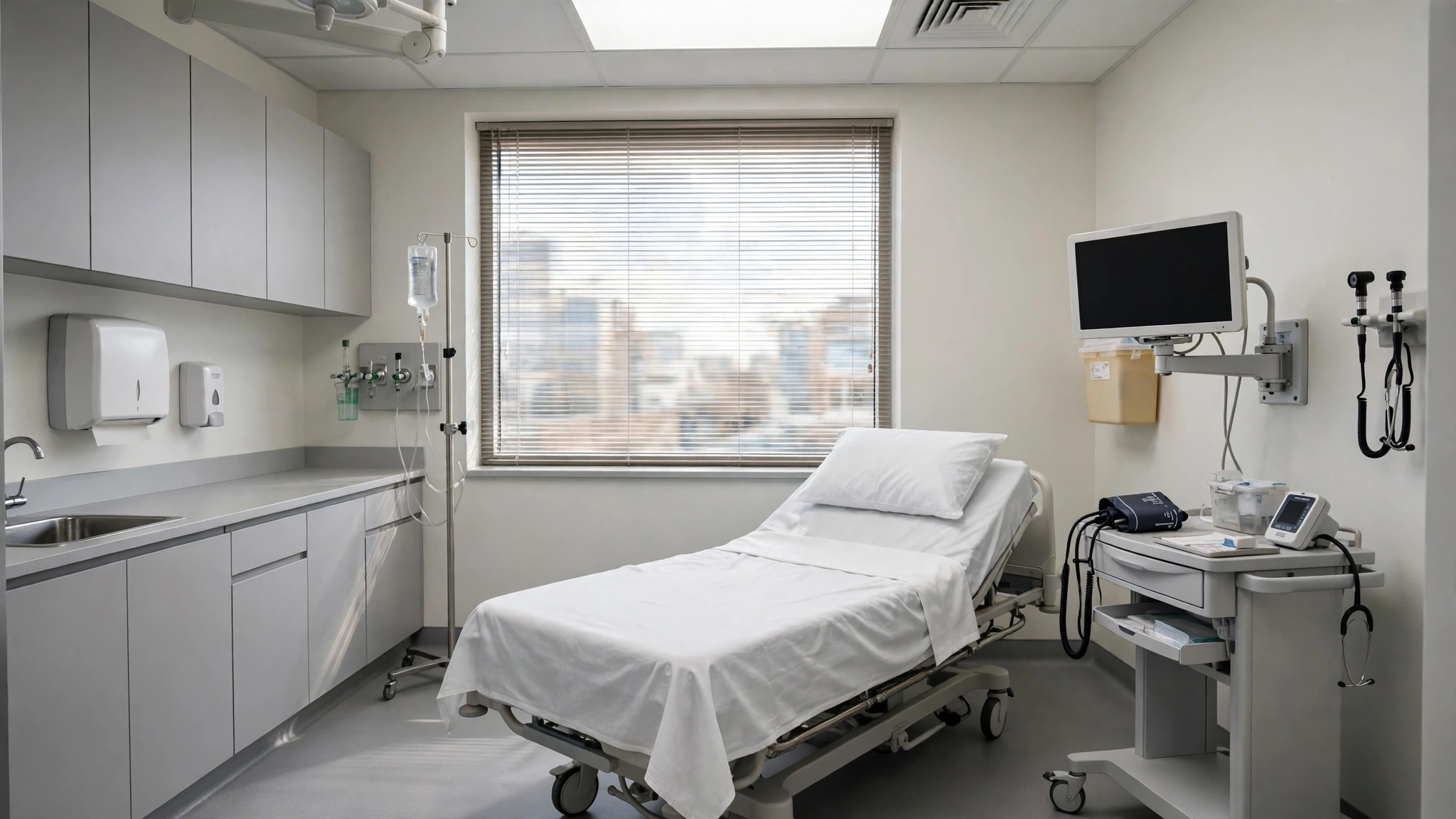 An empty hospital examination room with a bed, a monitor and medical equipment