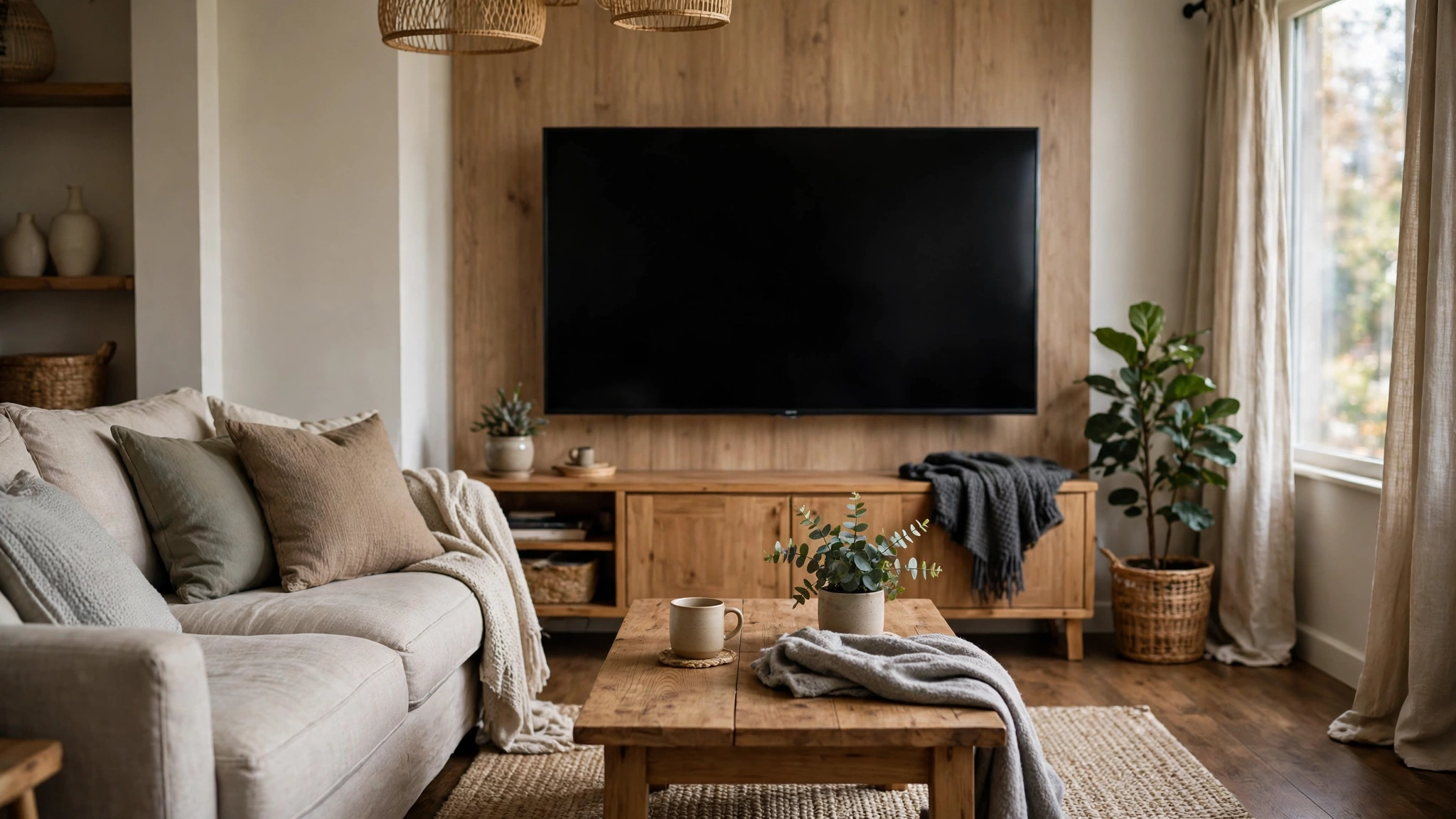 A living room with a sofa, a coffee table and a large television with a blank screen