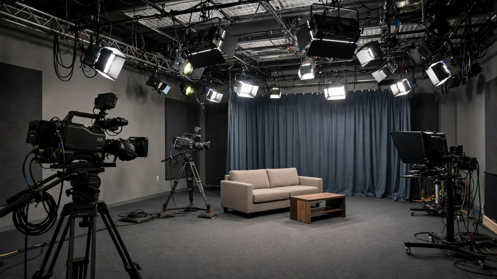 An empty television studio with cameras, lights, a sofa and a coffee table