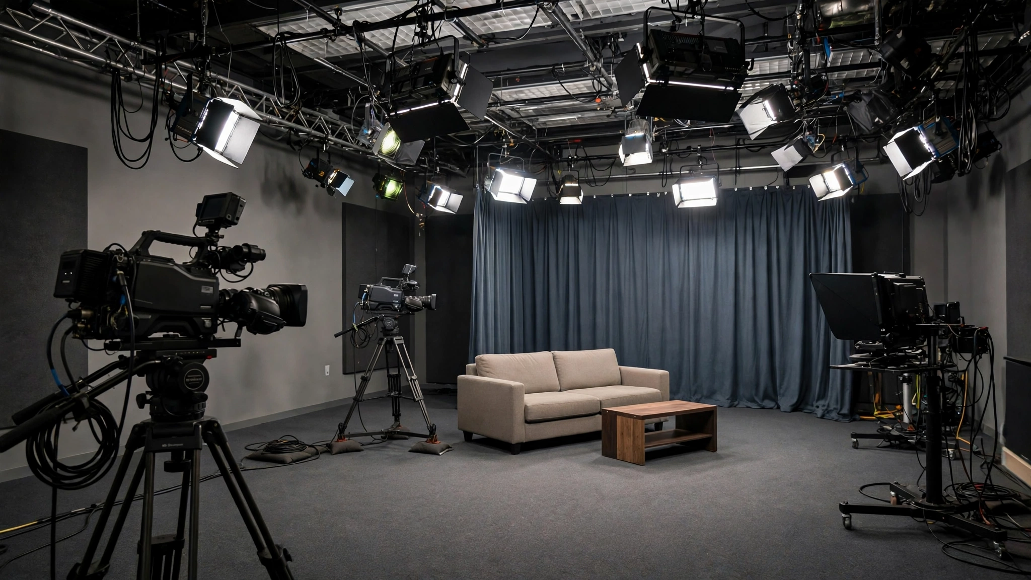 An empty television studio with cameras, lights, a sofa and a coffee table