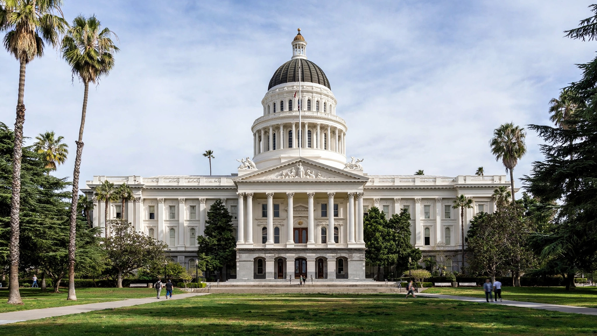 The California State Capitol building in Sacramento with a domed roof, palm trees, and a lawn in front