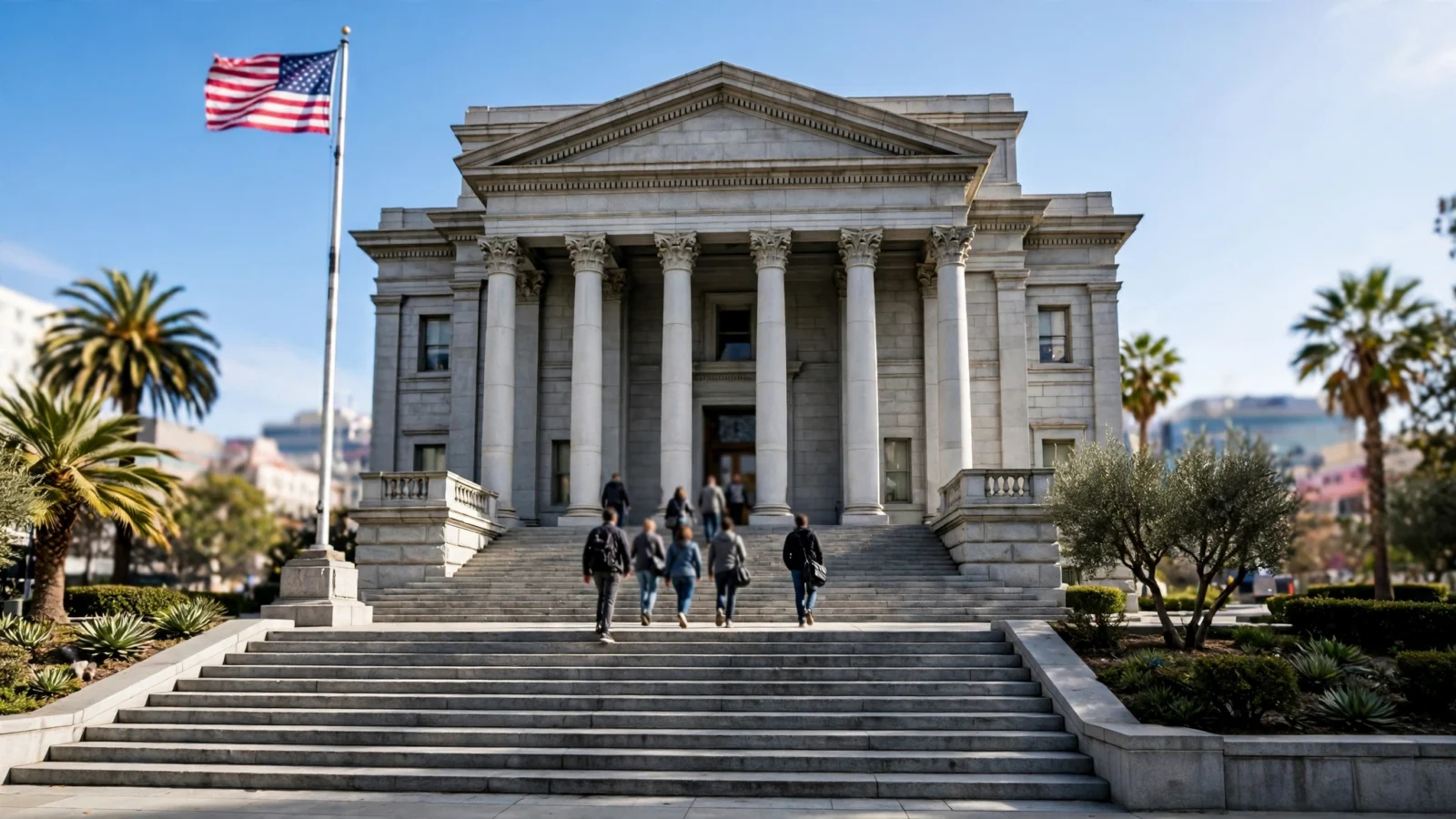 A stone courthouse with tall columns and wide steps, with an American flag on a pole in front and several people walking up the steps