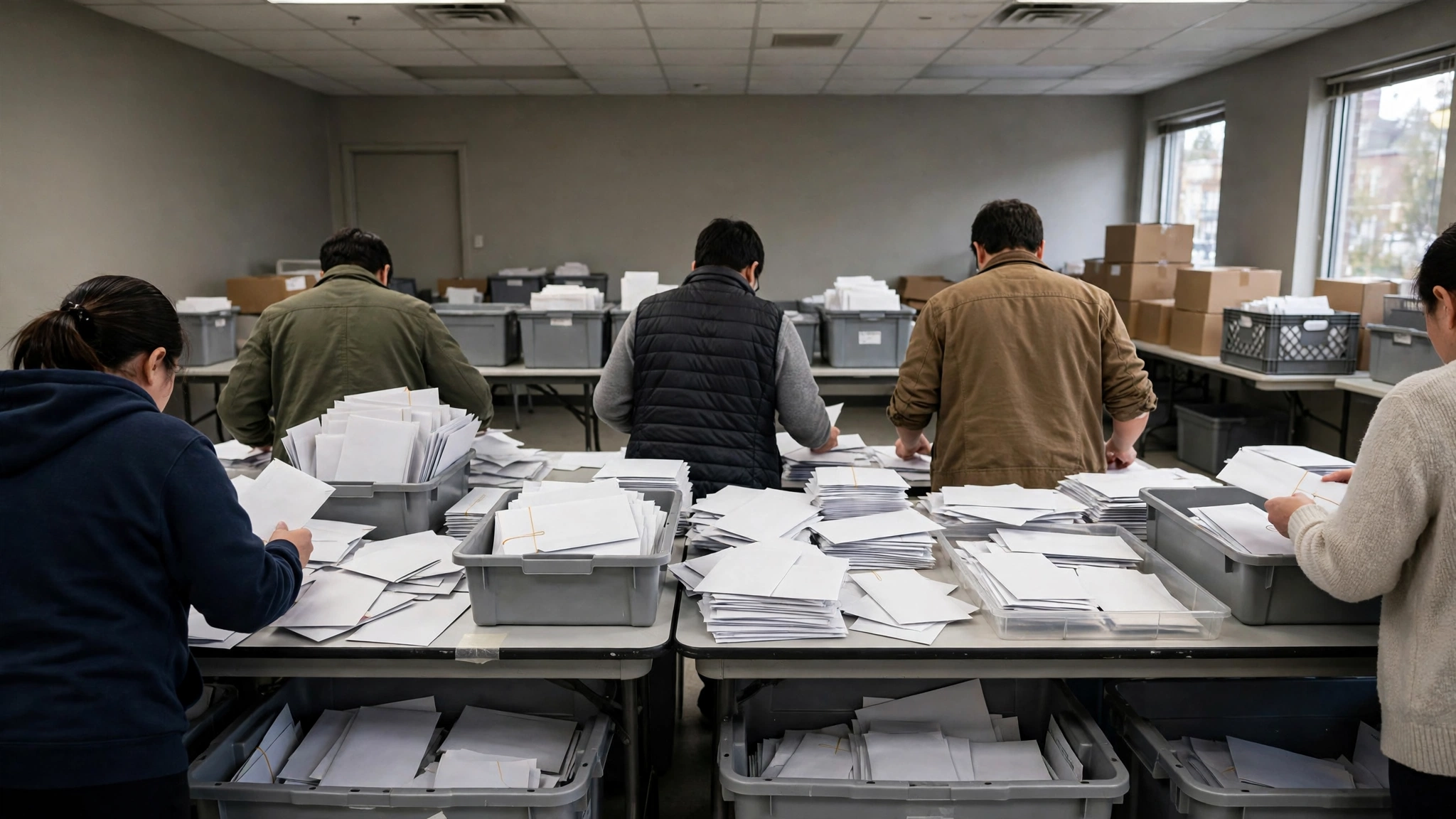 Workers seen from behind sorting stacks of plain white envelopes on tables in a mail processing room