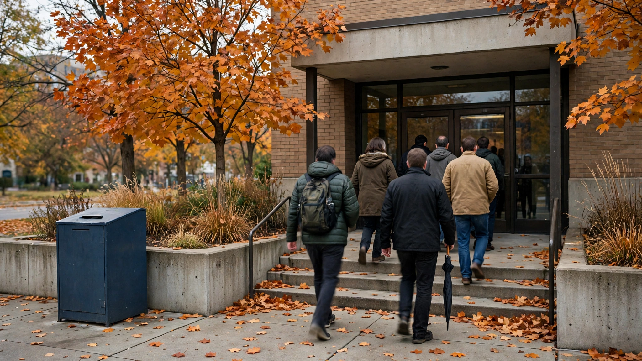 People walking into a public building entrance in autumn beside a dark ballot drop box and fallen leaves
