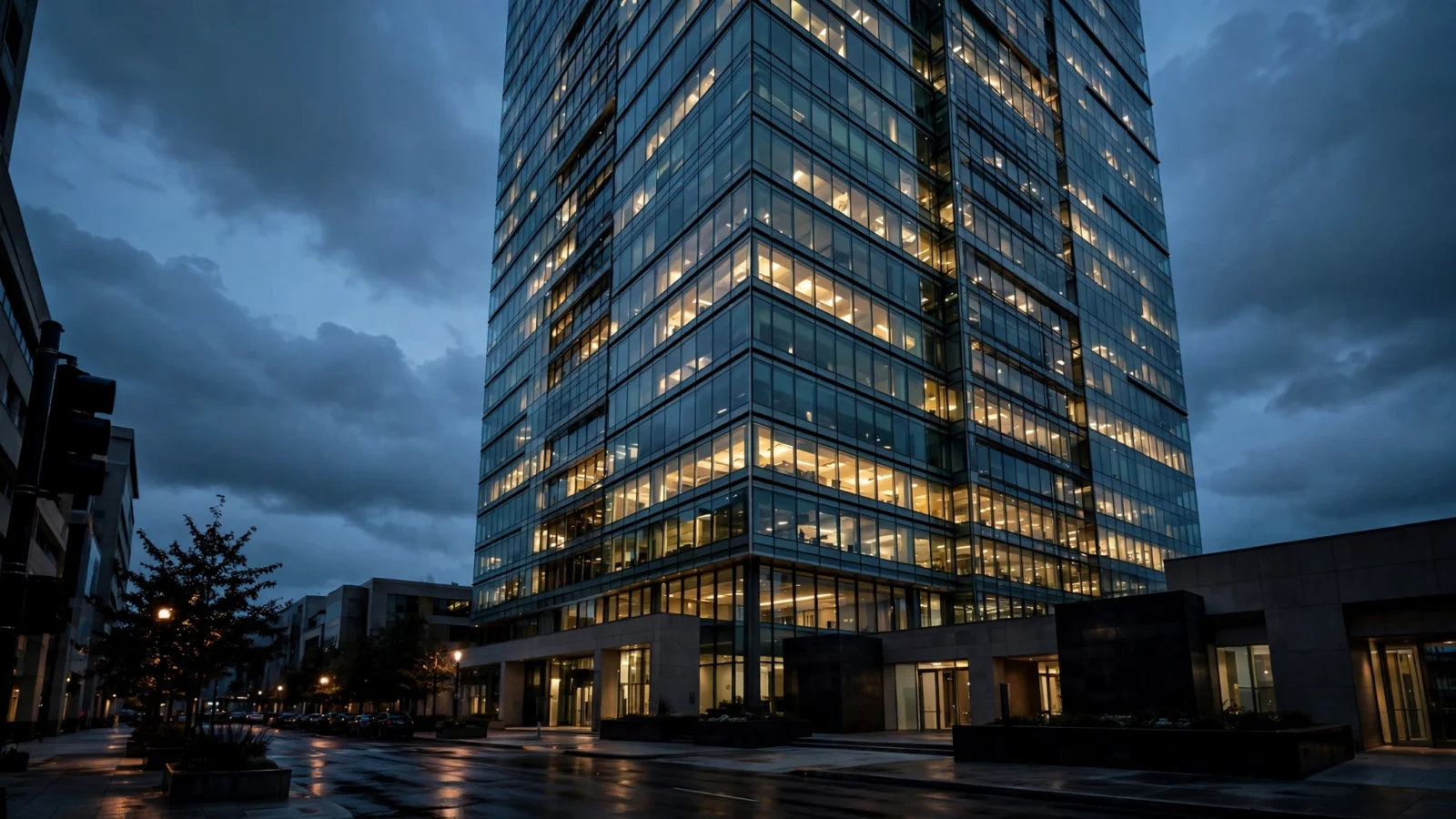 A glass office tower with lit windows at dusk, seen from a wet street