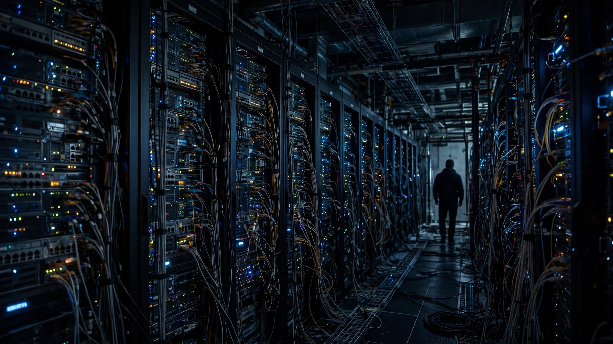 Rows of server racks with blinking lights in a dim server room