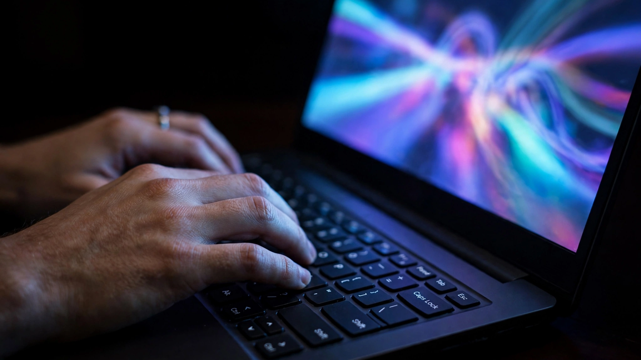 Hands typing on a laptop keyboard in a dark room, lit by the screen