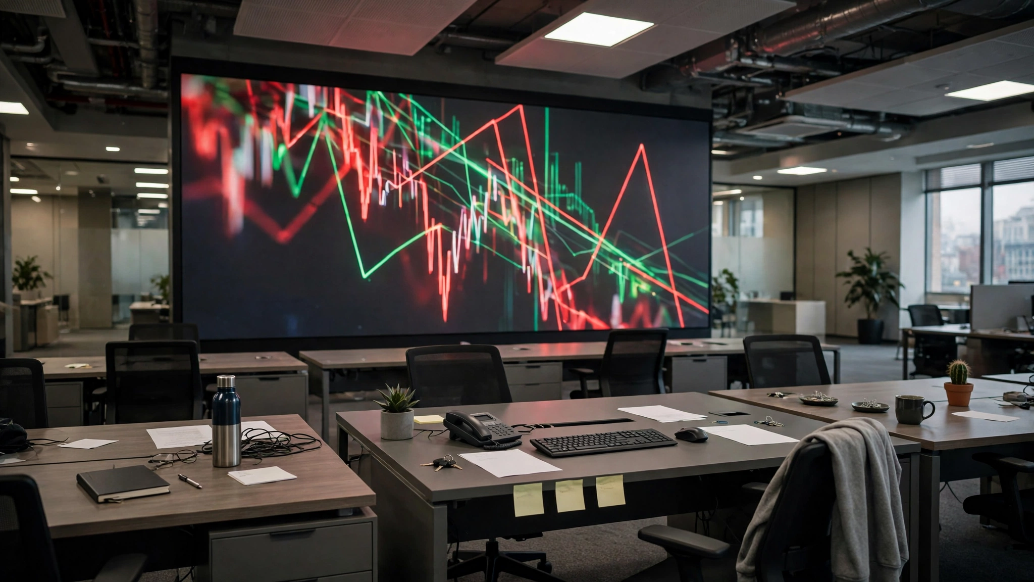 A large screen in an office showing red and green chart lines above empty desks