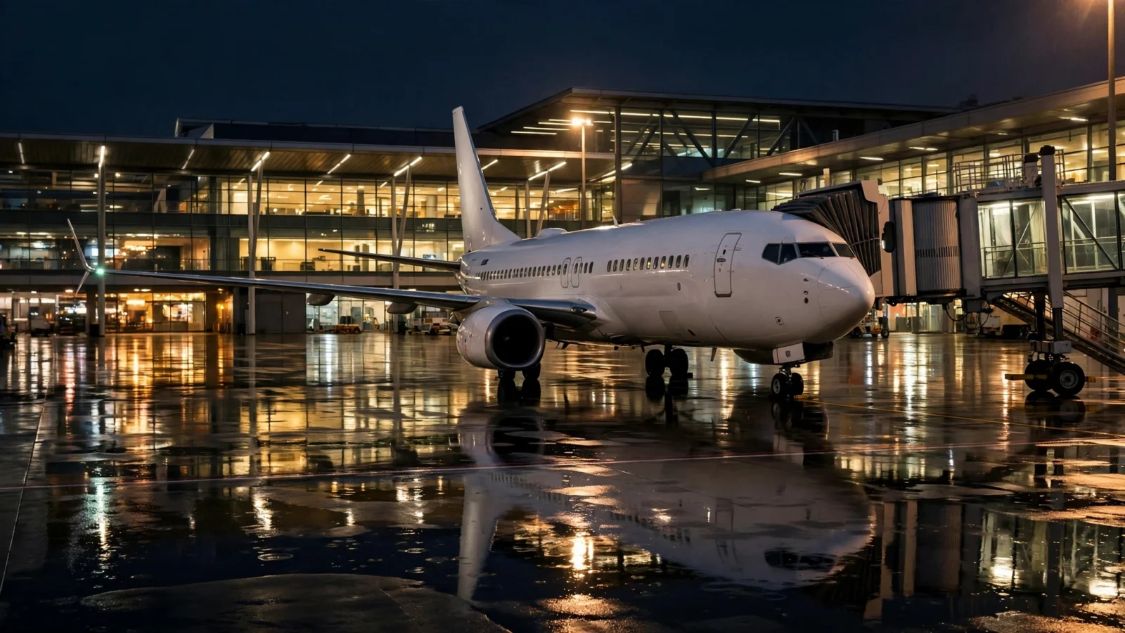 A white passenger airplane parked at an airport gate at night beside a lit terminal building, with reflections on wet tarmac