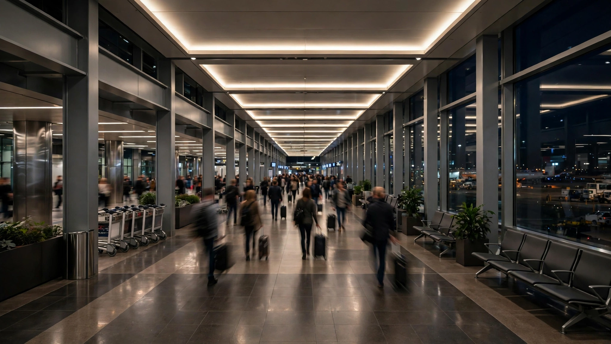 Travelers with rolling suitcases walking through a lit airport terminal corridor at night, with empty seats along a window wall