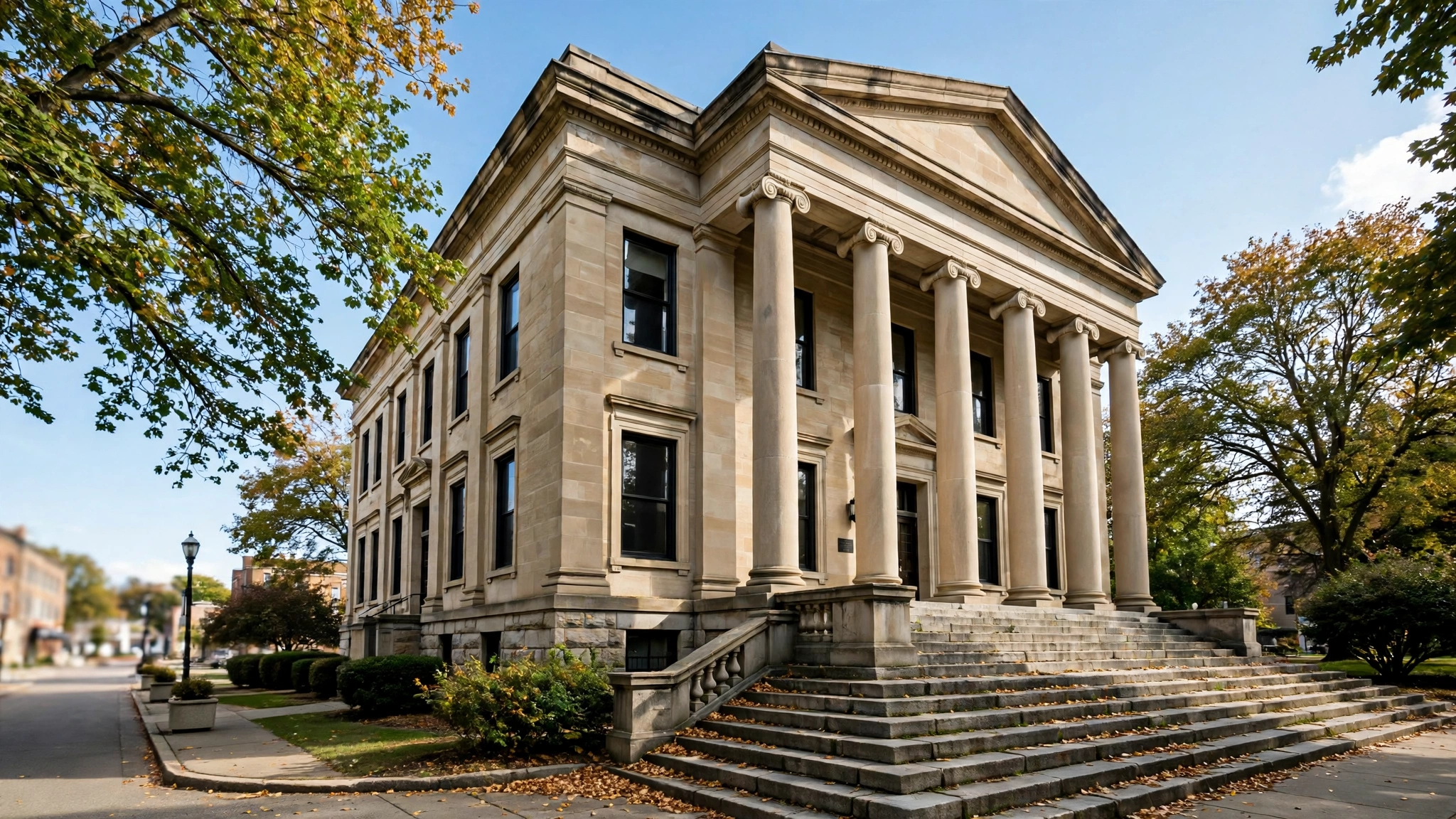 A stone courthouse building with tall columns and wide stone steps on a clear day, with trees beside it