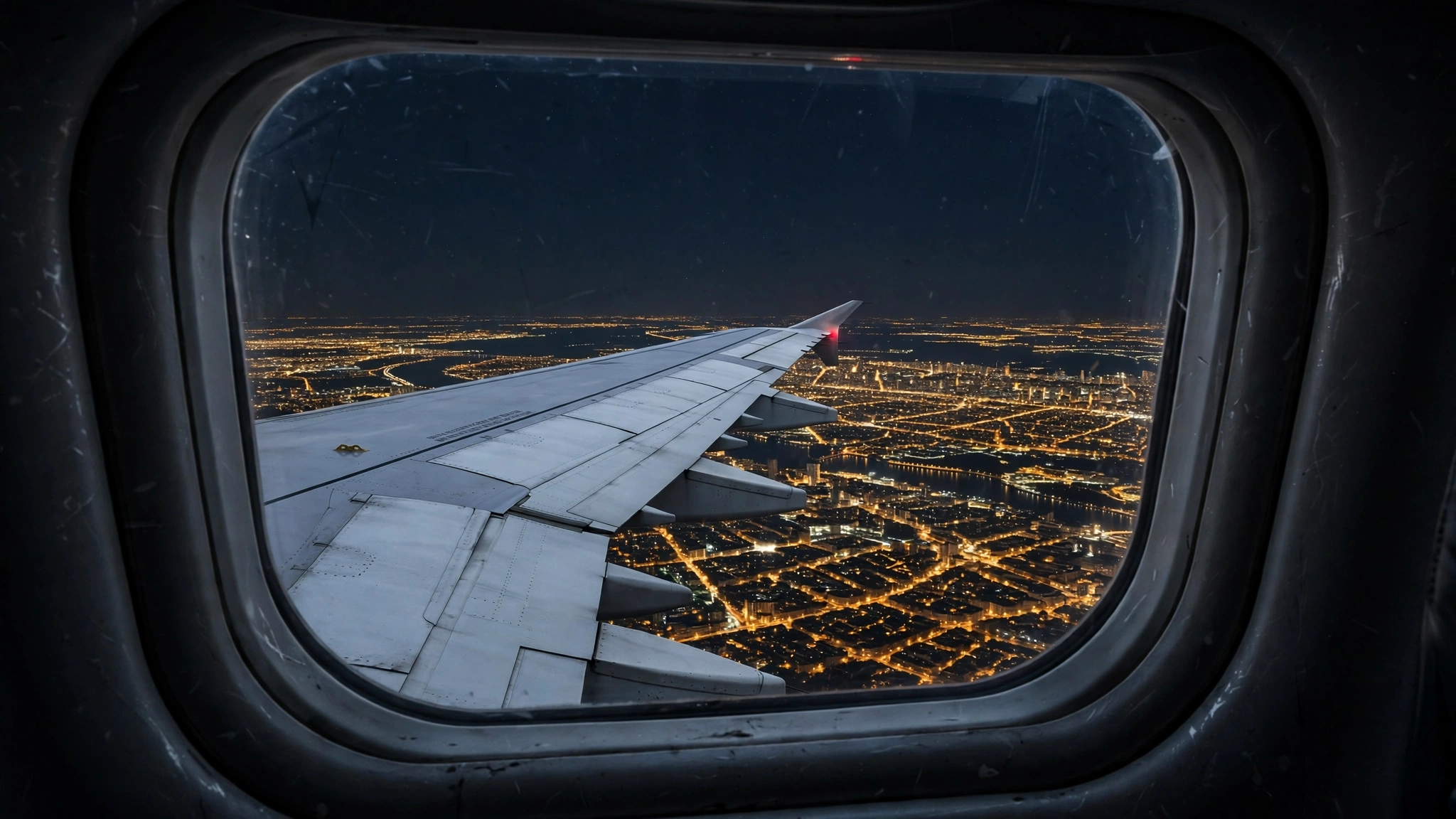 A view from an airplane window at night showing the wing over a city lit by street lights