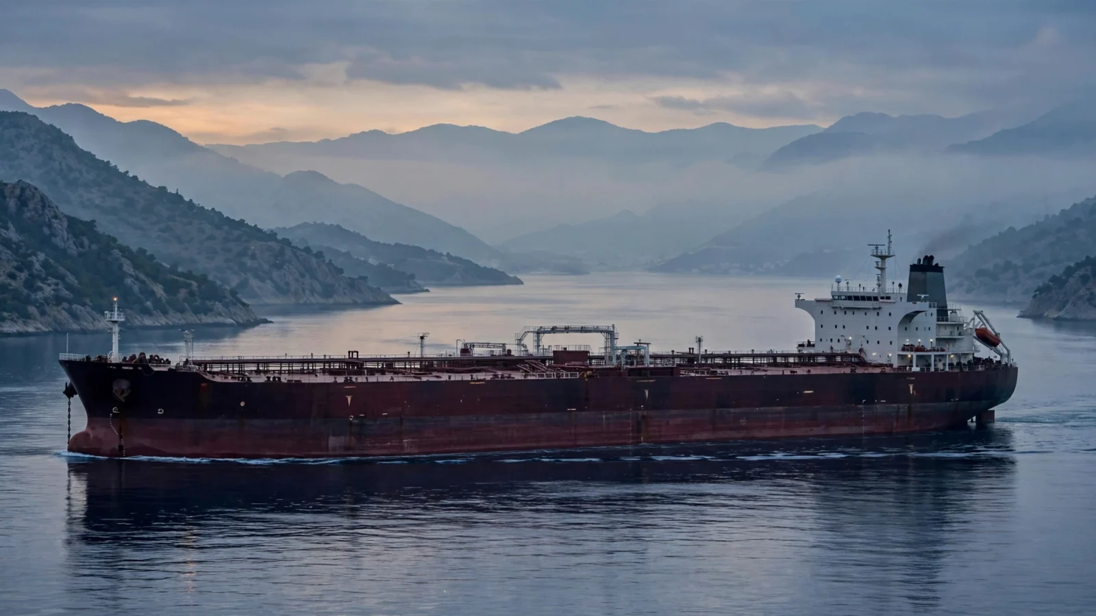 A large oil tanker with a dark red hull sailing through a narrow strait between hazy mountains at dusk