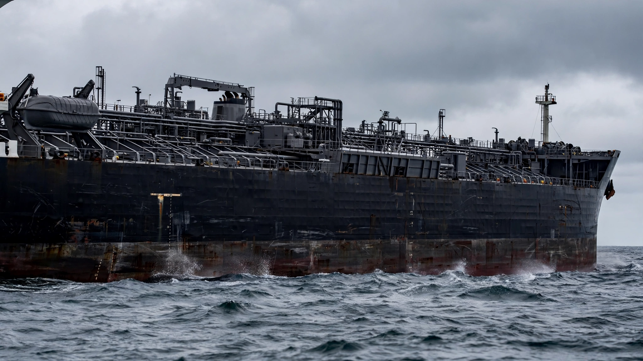 A close side view of a large dark tanker with deck pipes and structures sailing on open water under a cloudy sky