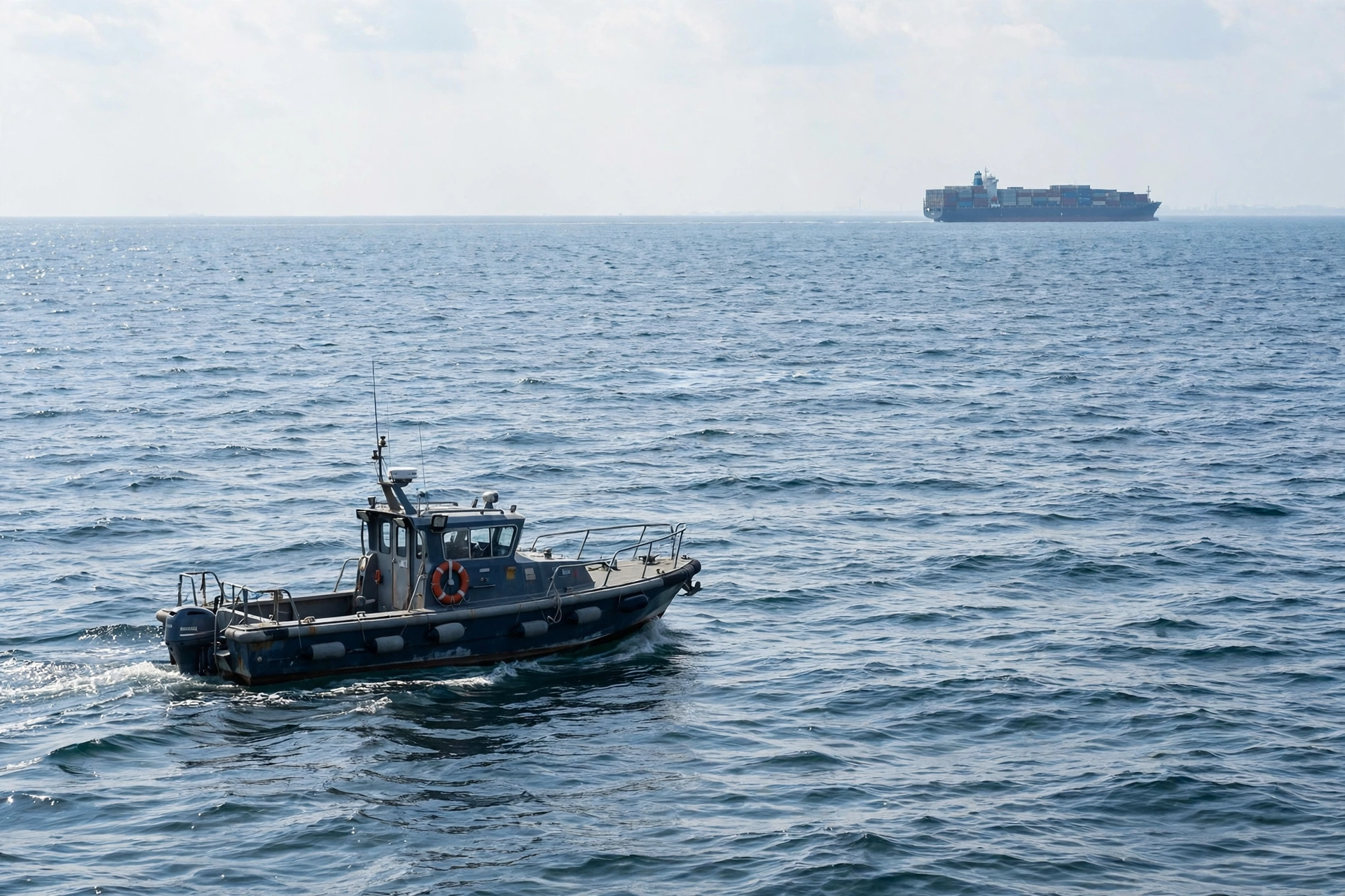 A small gray patrol boat on open water with a large container ship far in the distance
