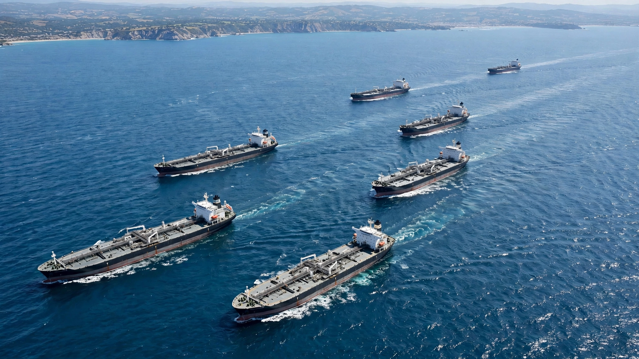 An aerial view of five large tankers sailing in a line across blue open water near a distant coastline