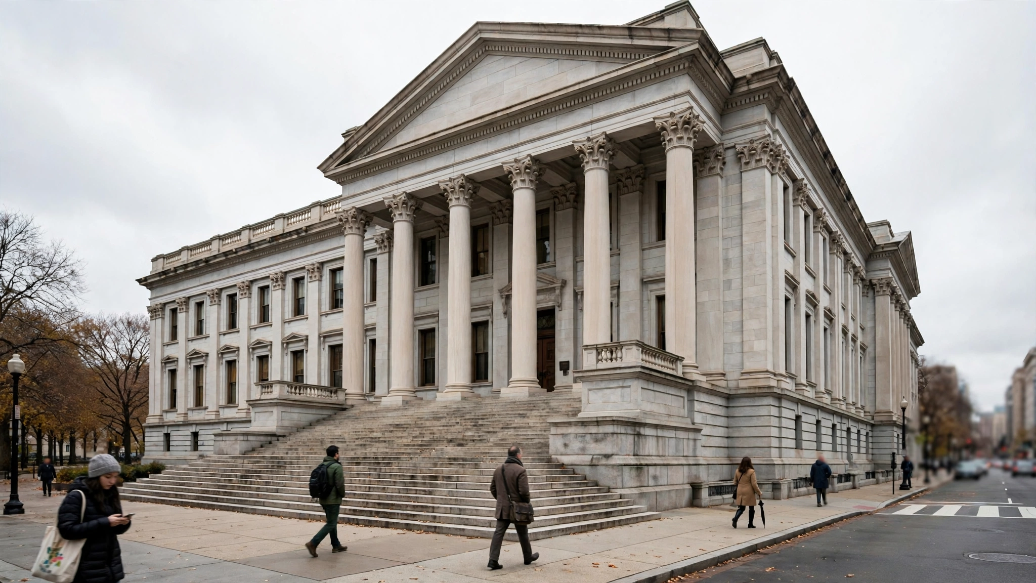 A stone courthouse building with tall columns and wide steps, with pedestrians on the sidewalk.