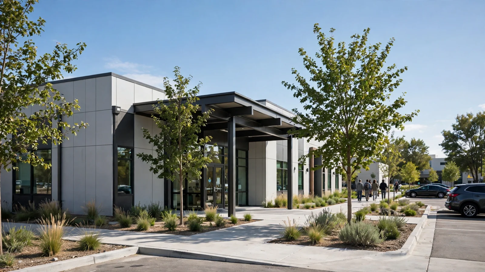 The exterior of a modern community health clinic building on a sunny day, with people walking toward the entrance.