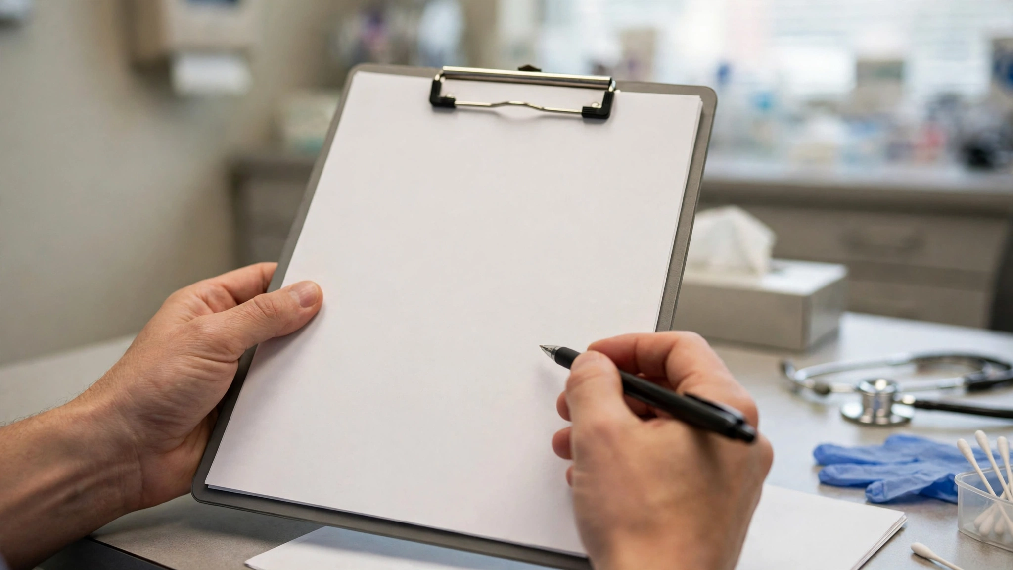 Hands holding a blank clipboard and a pen on a desk in a medical office, with a stethoscope nearby.