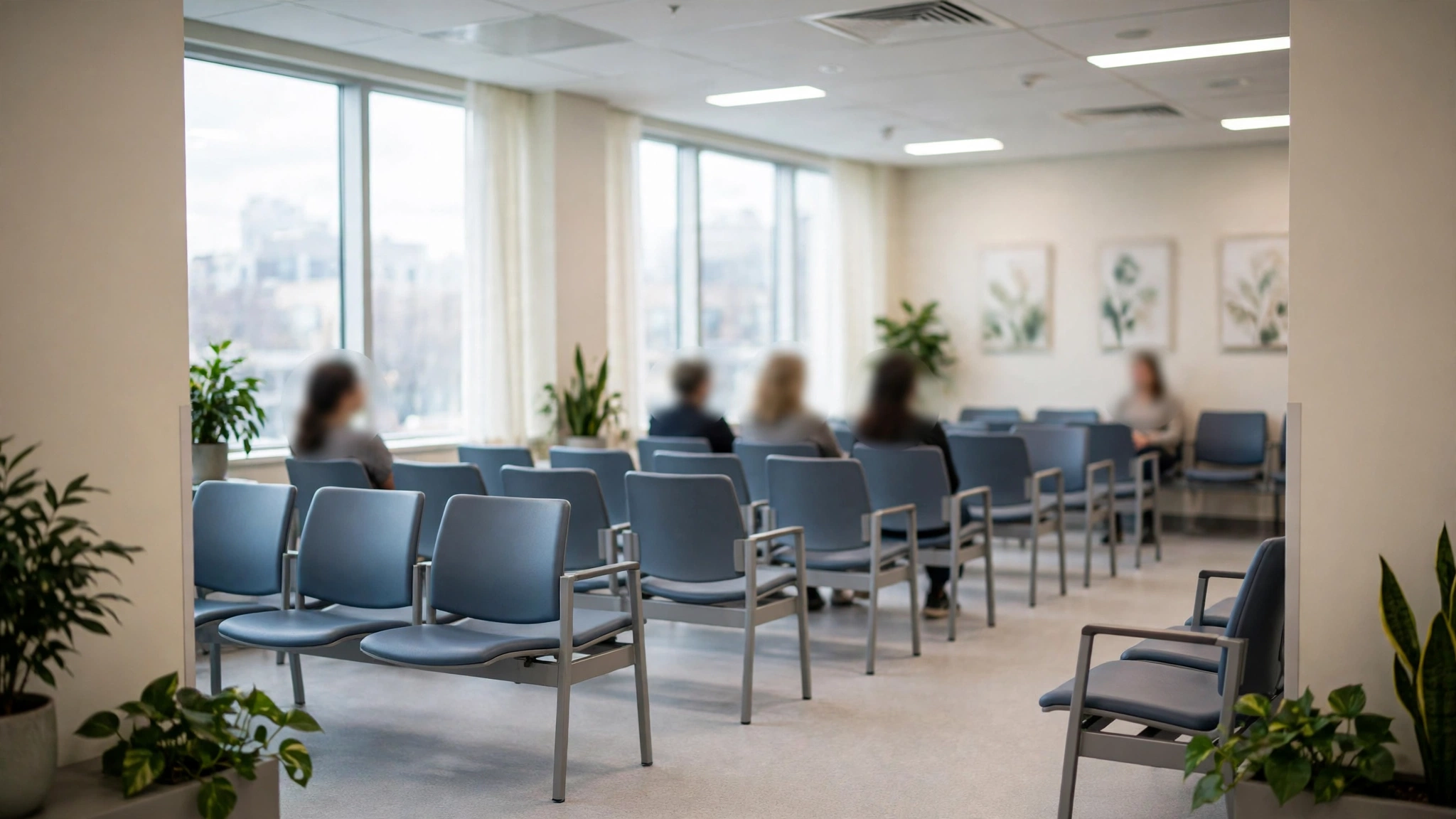 People seated in a bright medical office waiting room with rows of blue chairs.