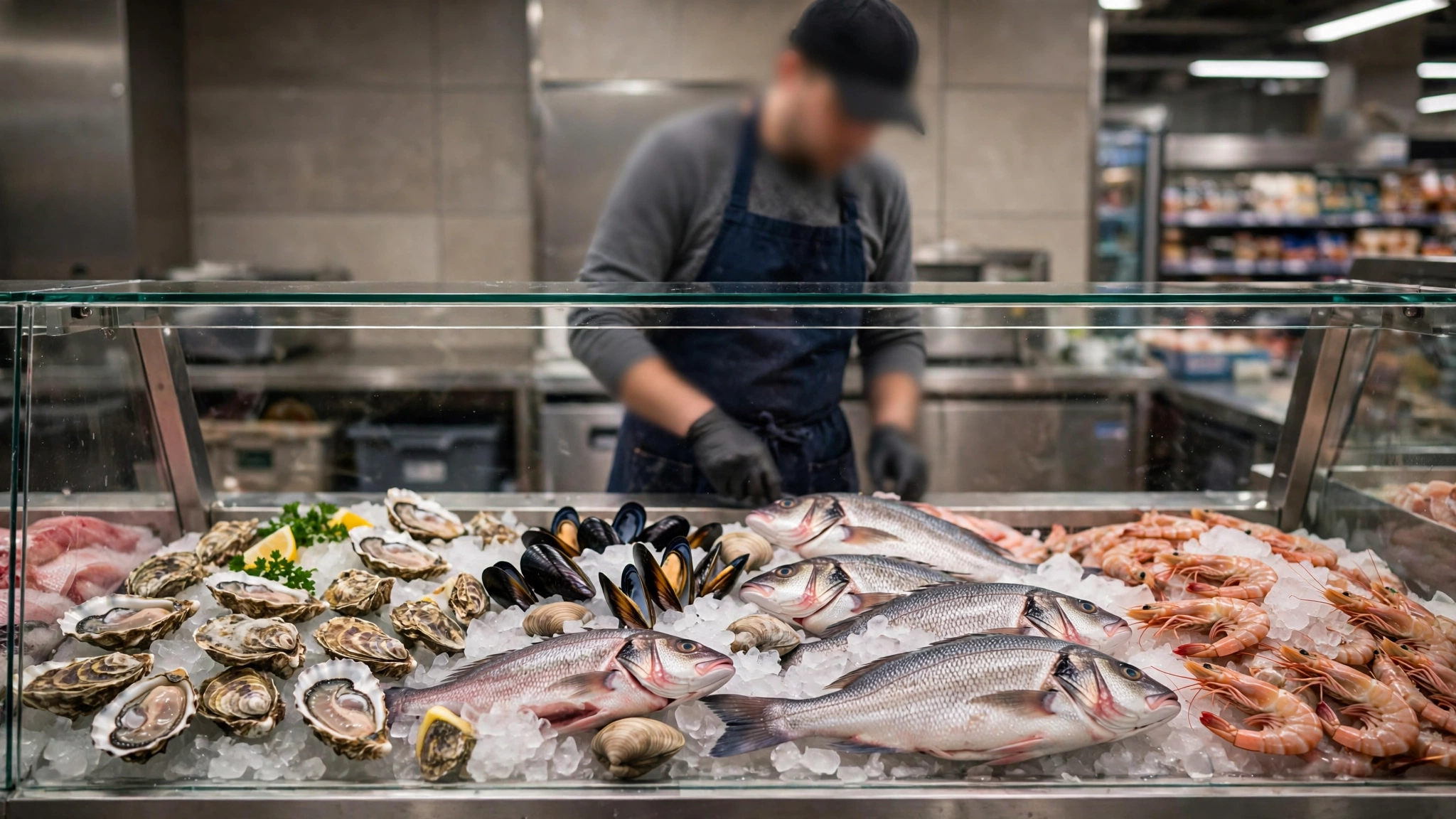 A seafood counter display case holding oysters, fish, mussels, and shrimp on ice, with a worker in an apron behind it