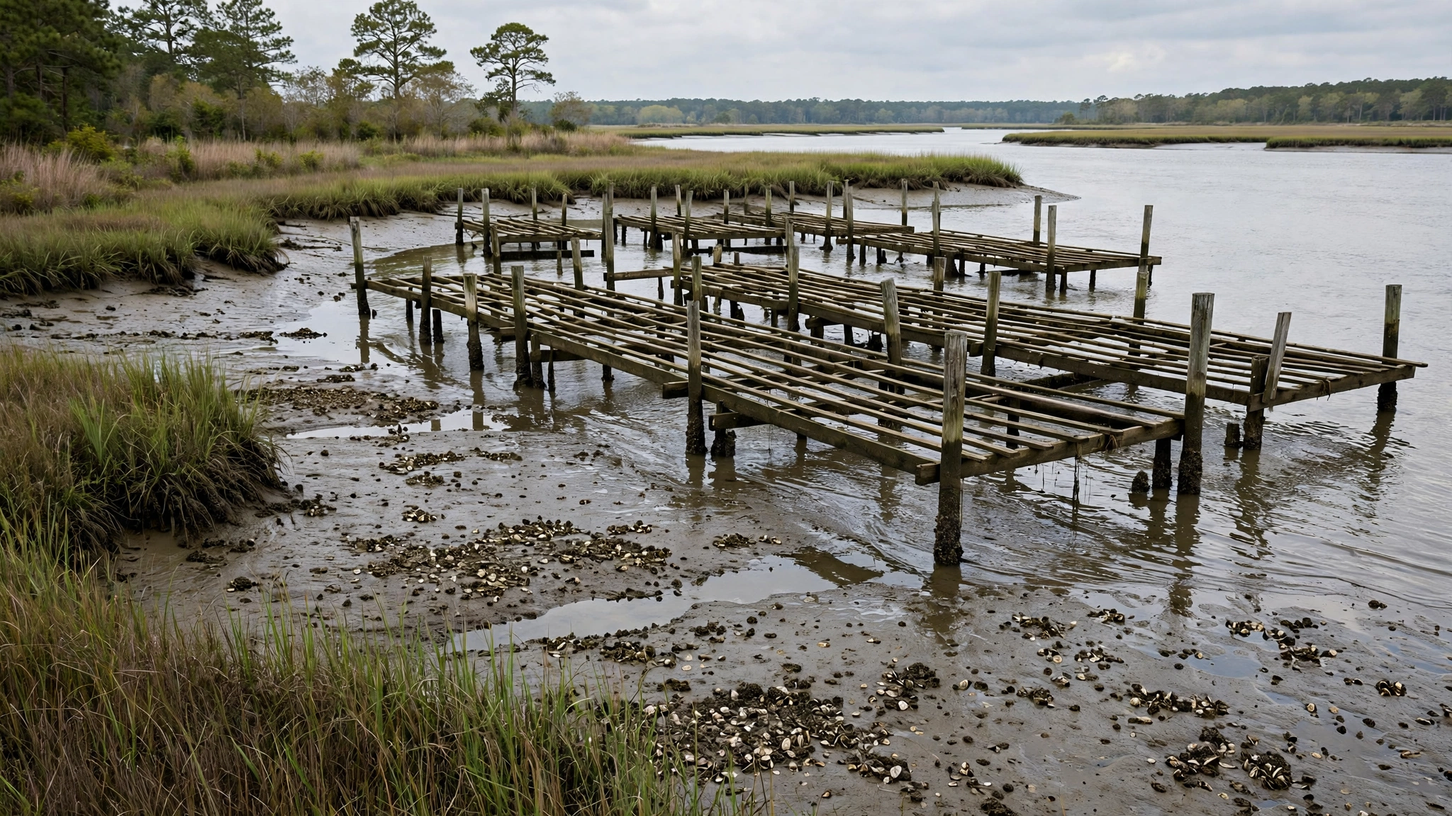Wooden oyster farming racks in shallow water at low tide along a marshy river estuary
