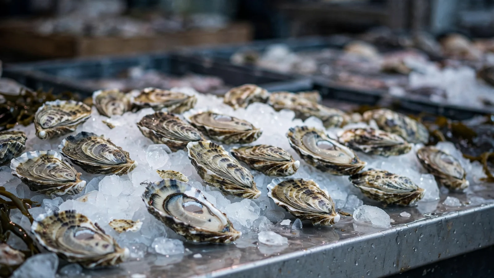 Raw oysters in their shells arranged on crushed ice at a seafood market counter