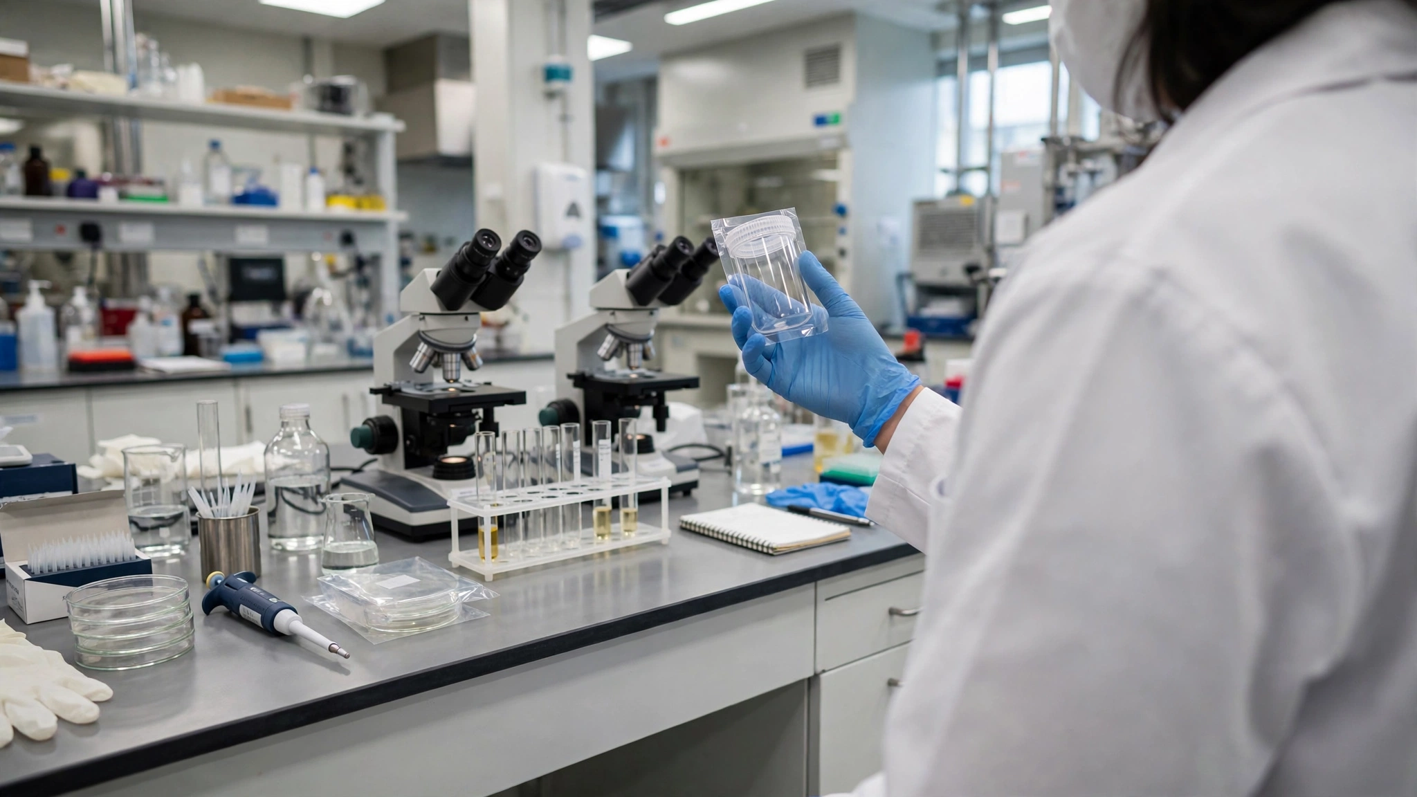 A laboratory worker in a white coat and blue gloves holding a clear sample container near microscopes and test tubes