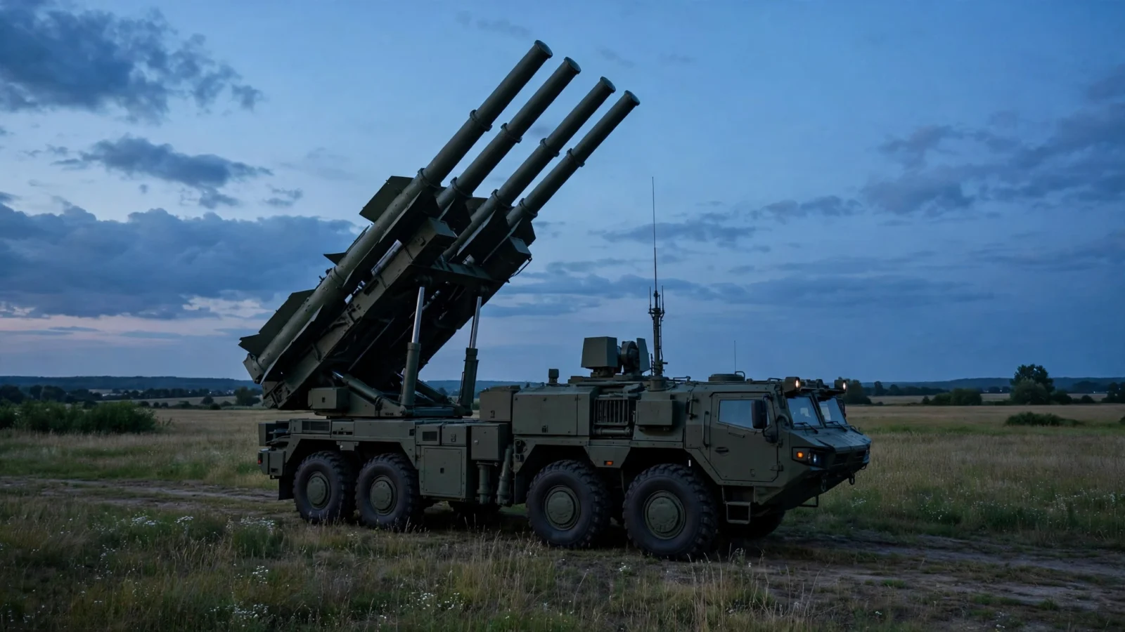 A mobile air-defense launcher vehicle with four launch tubes raised, parked in an open field at dusk.