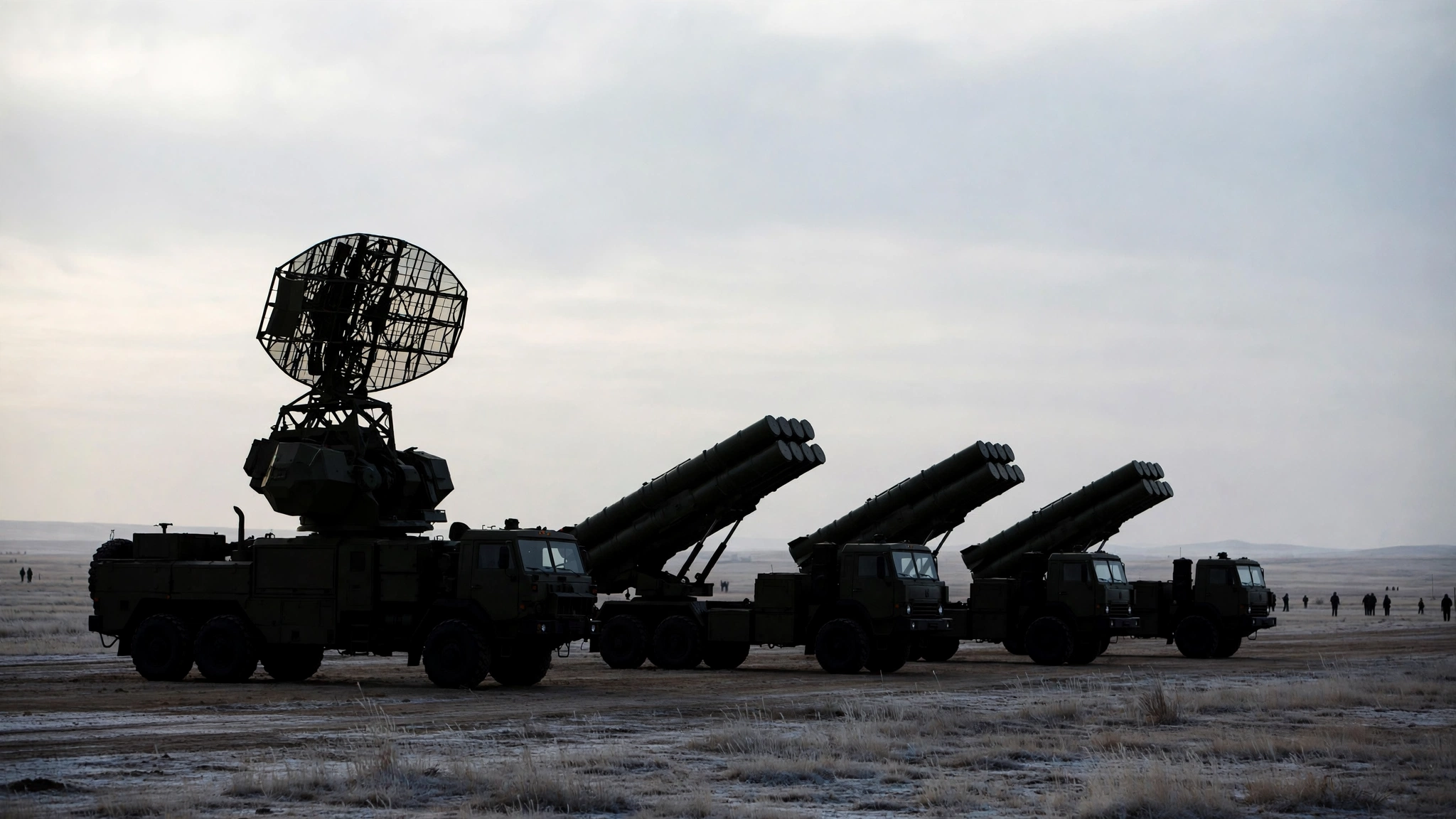 An air-defense radar vehicle and three launcher vehicles lined up on a flat plain under a pale sky.