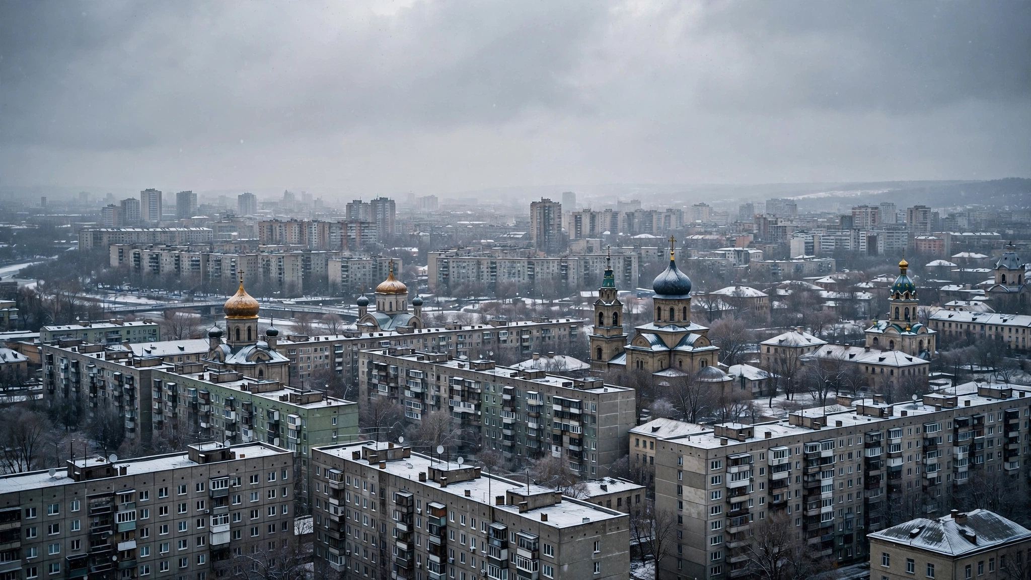 Apartment blocks and church domes under a grey winter sky in a large Eastern European city, with snow on rooftops.