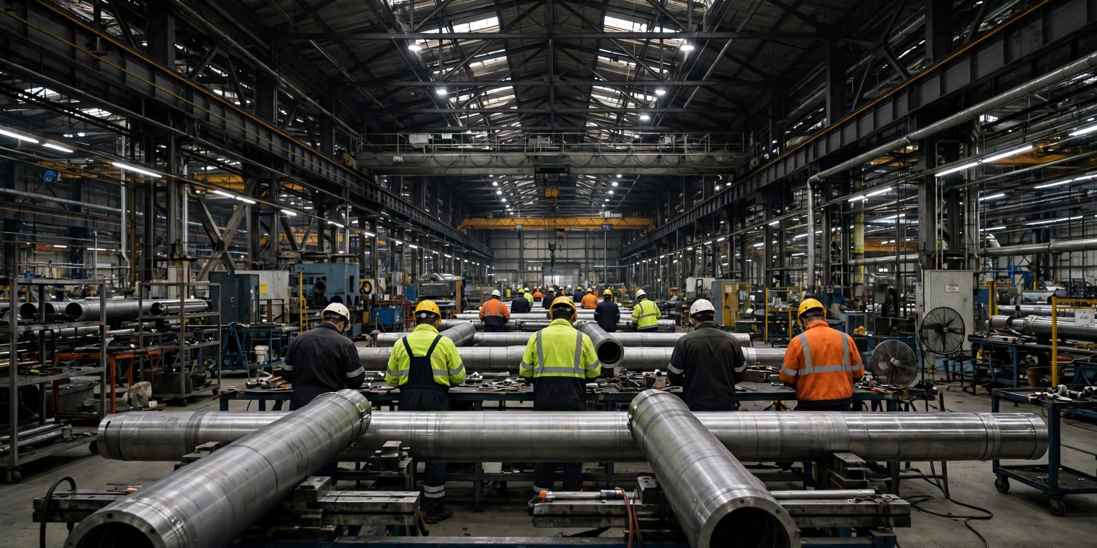 Workers in hard hats and high-visibility clothing working on long metal cylinders inside a large factory.