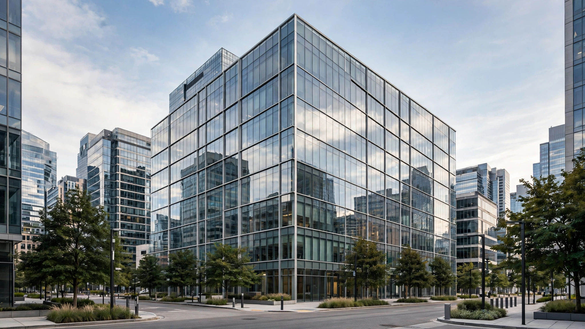 A modern glass office building on a street corner in a business district with trees along the sidewalk