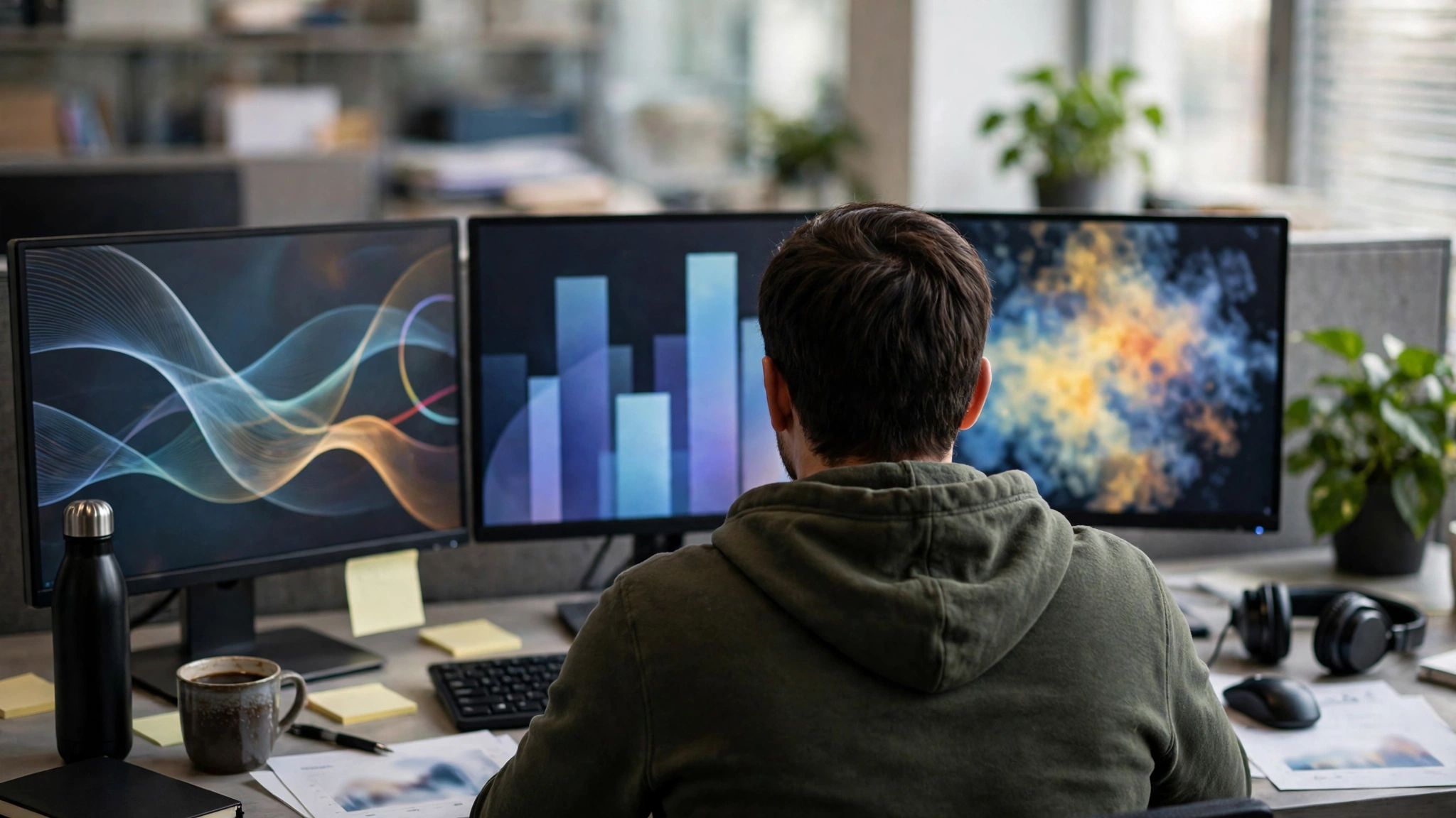 A person seen from behind at a desk looking at two computer monitors showing charts