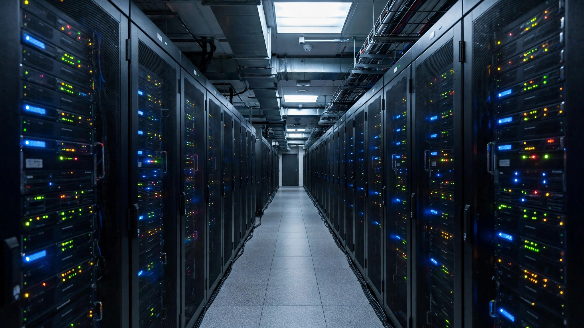 A corridor between rows of server racks with small colored lights in a data center