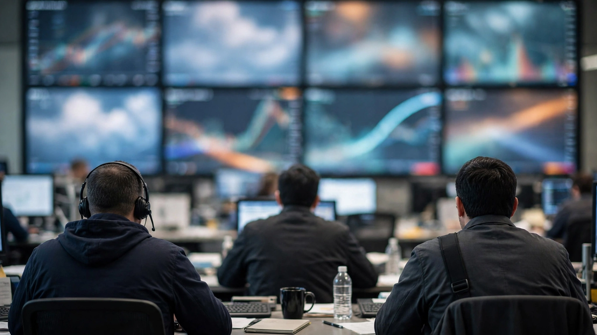 People seen from behind at desks facing a wall of large screens showing charts