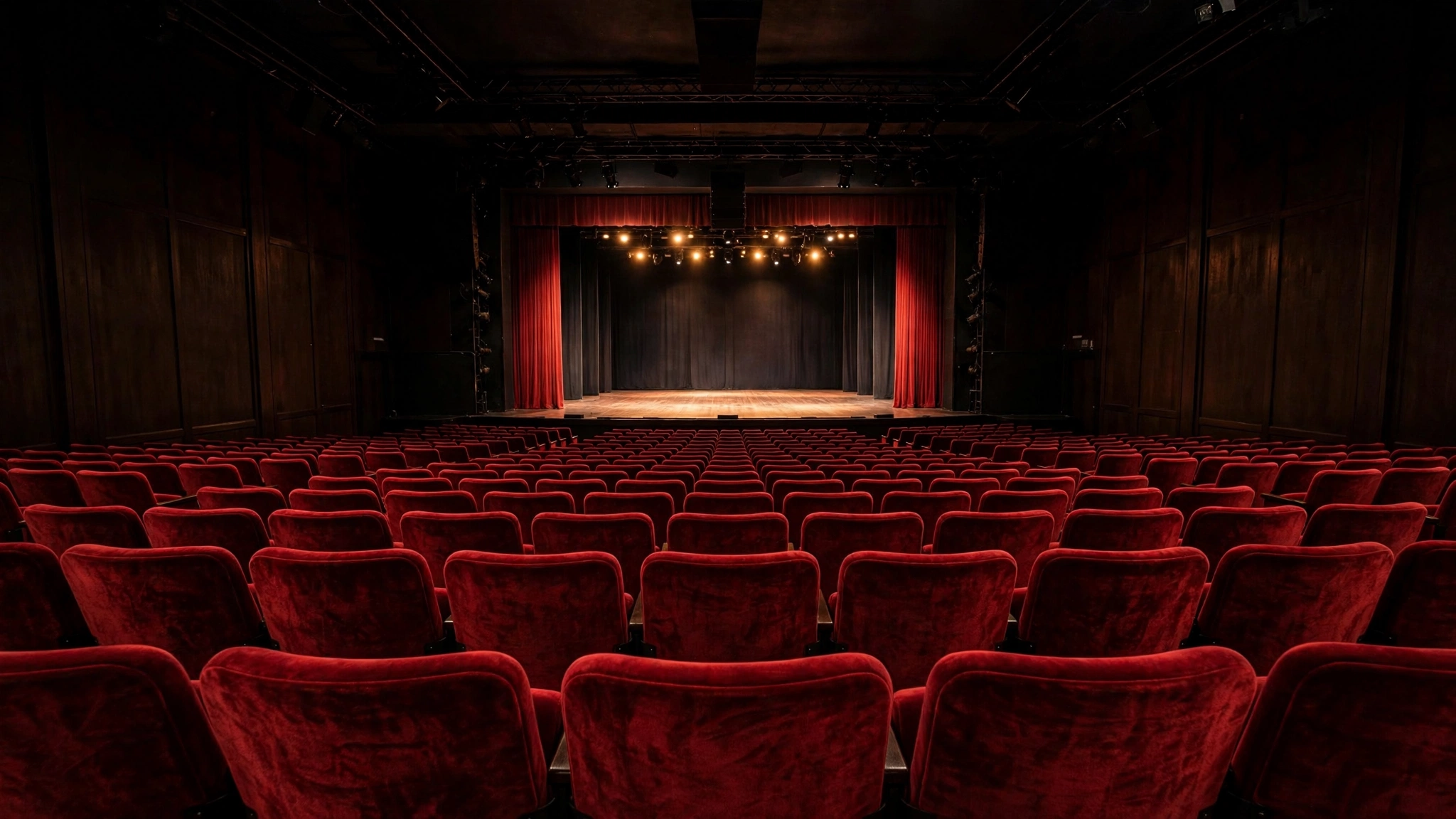 Rows of empty red theater seats facing a lit stage
