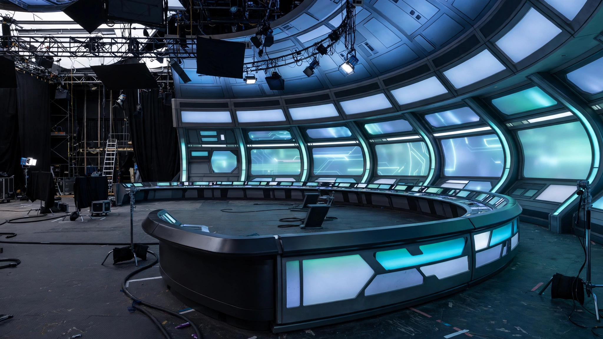 An empty spaceship bridge film set with curved consoles and glowing panels