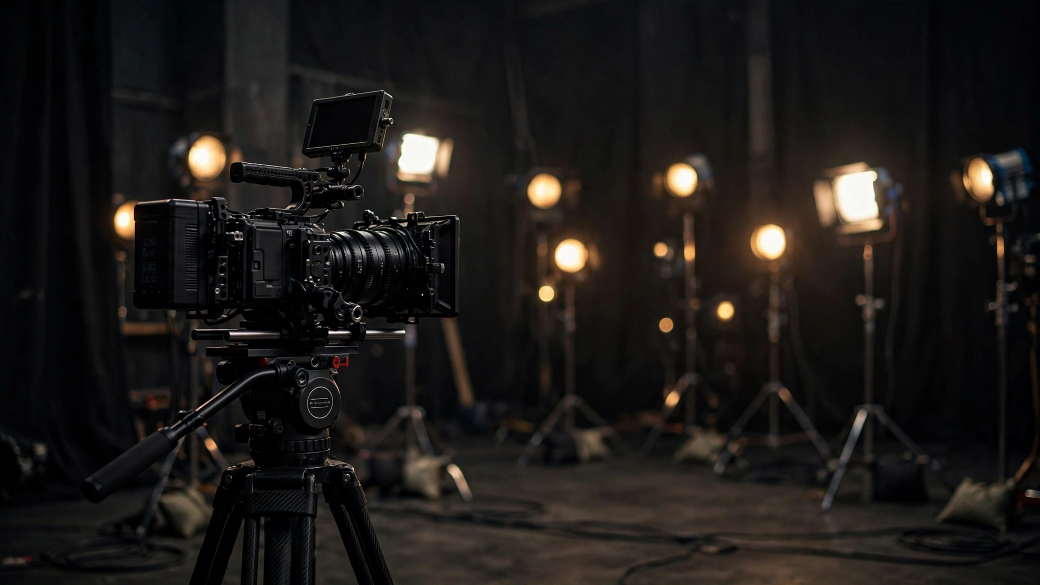 A professional film camera on a tripod on a dark movie set