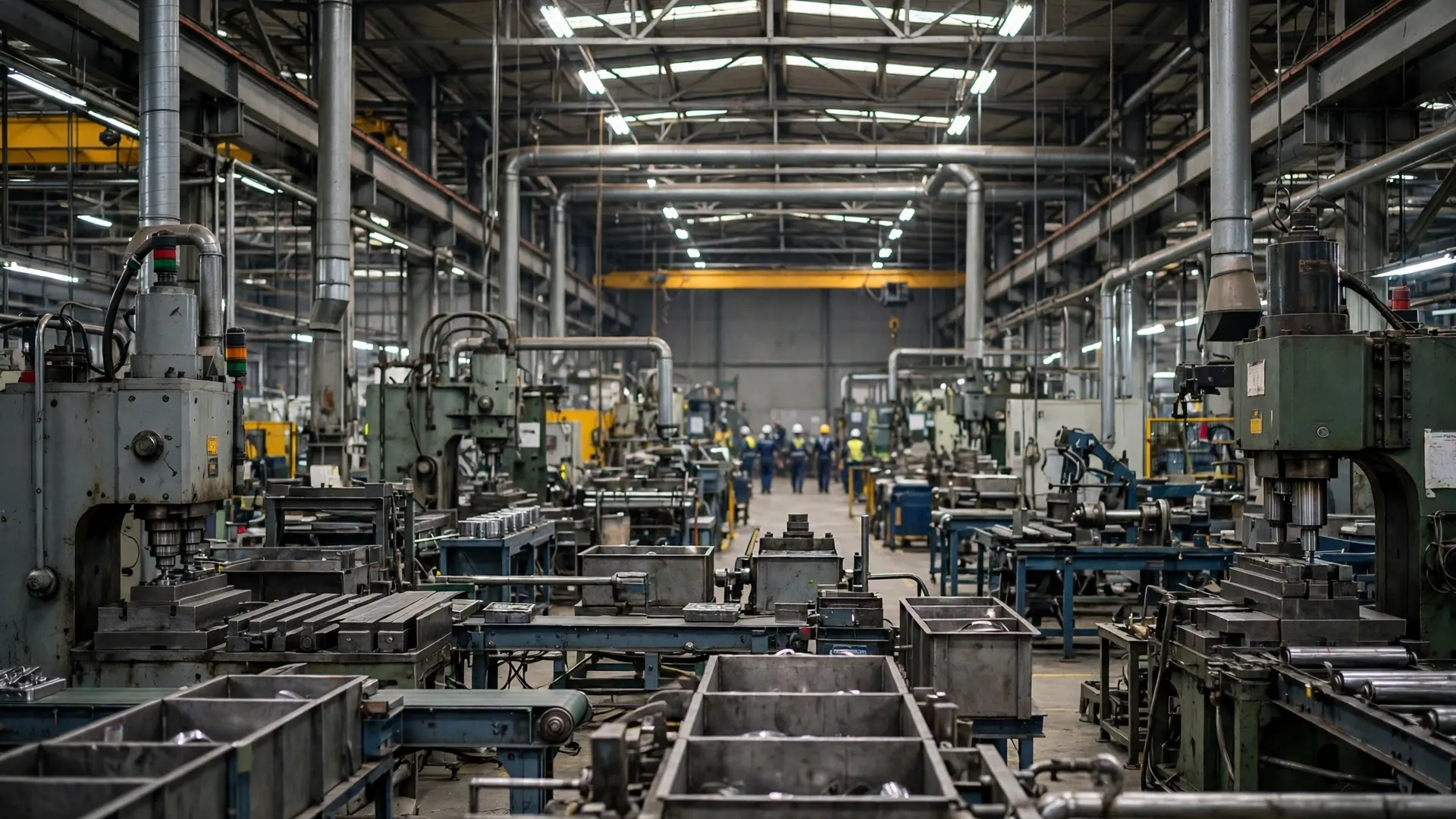 Machinery and metal workstations inside a large factory building with workers in the distance